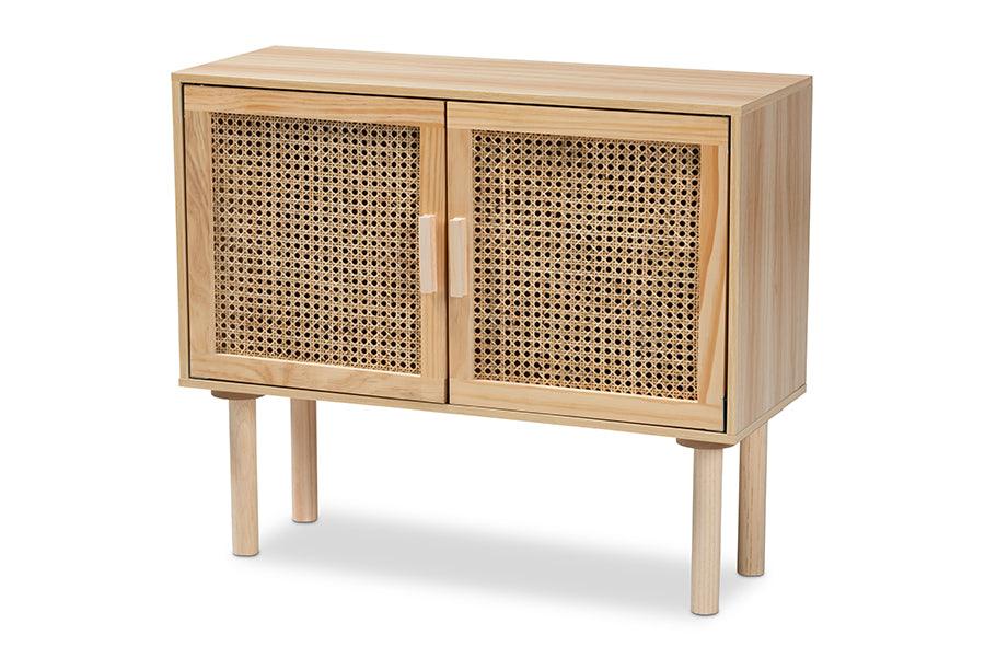 Maclean Mid-Century Modern Rattan and Finished Wood 2-Door Sideboard Buffet