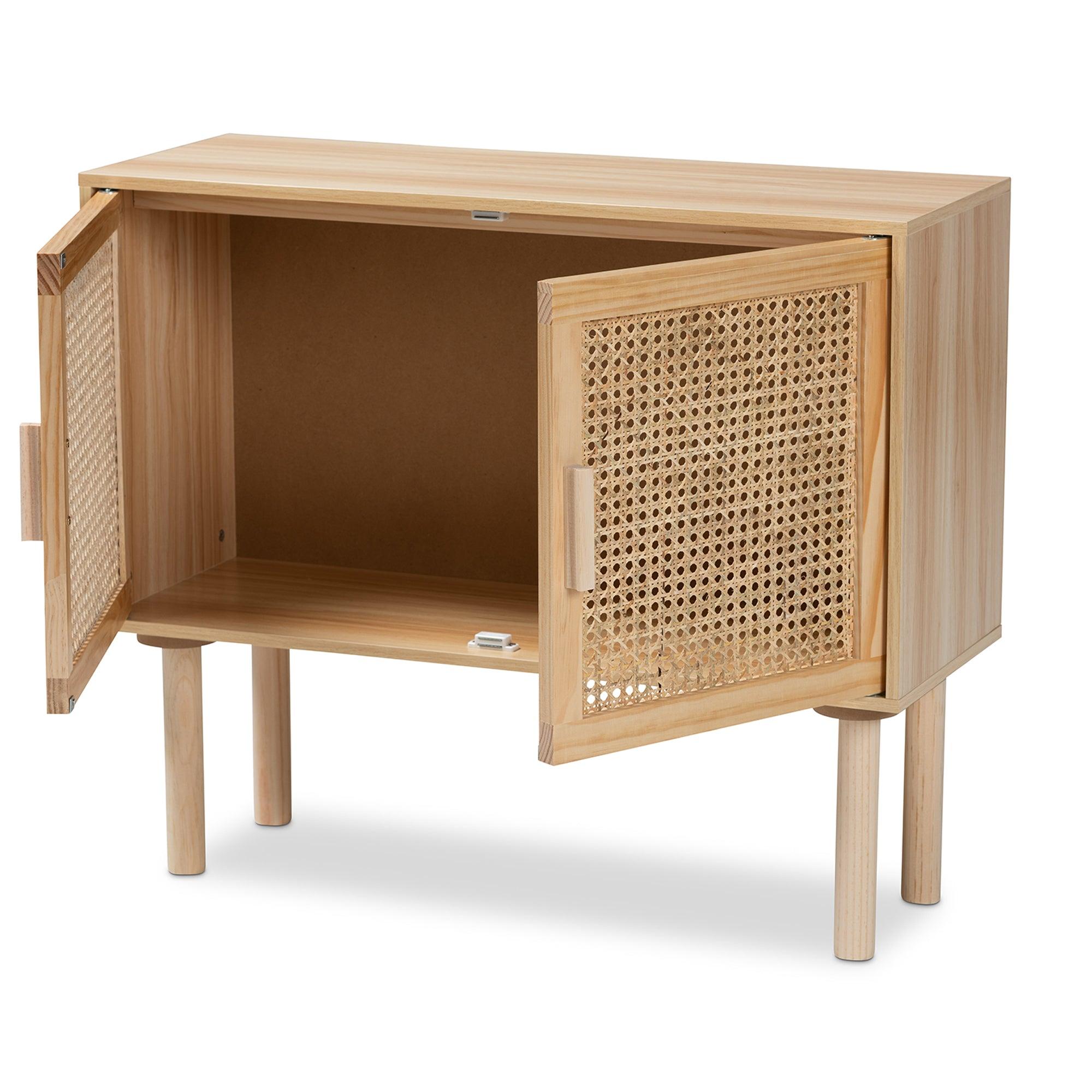 Maclean Mid-Century Modern Rattan and Finished Wood 2-Door Sideboard Buffet