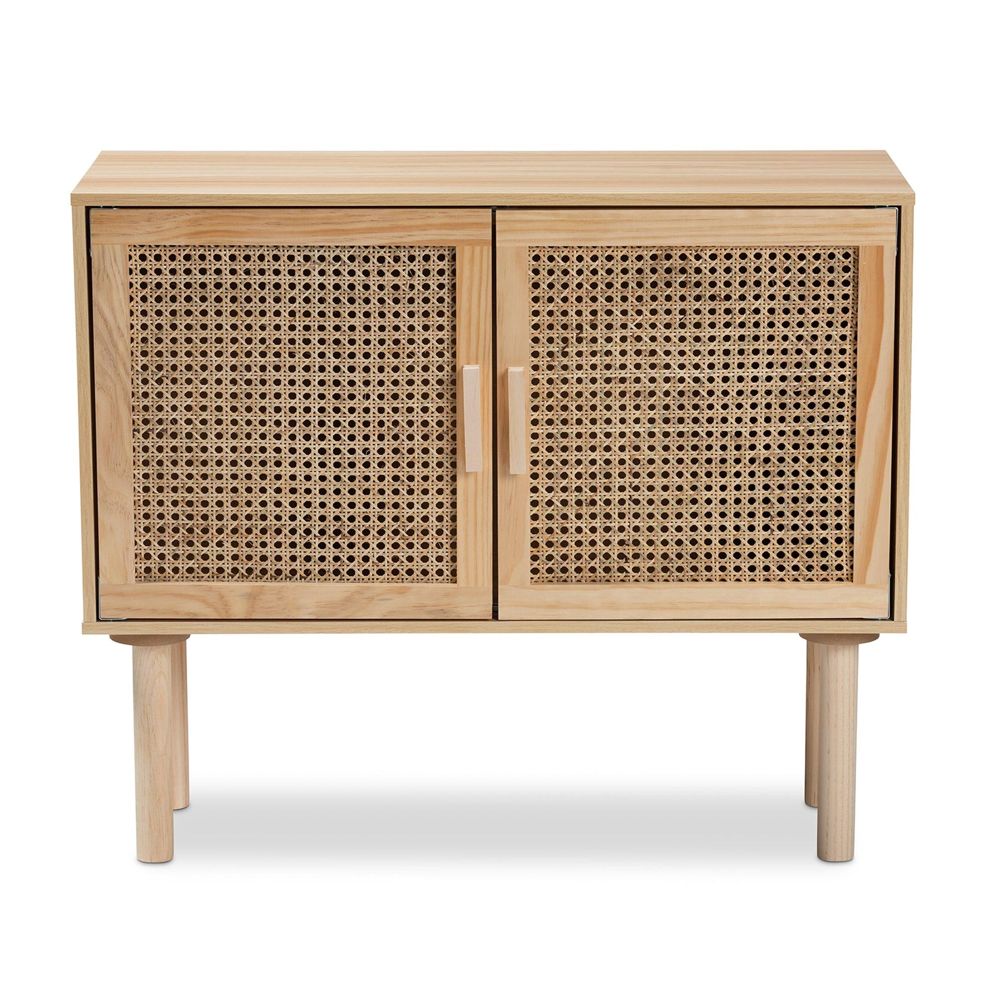 Maclean Mid-Century Modern Rattan and Finished Wood 2-Door Sideboard Buffet