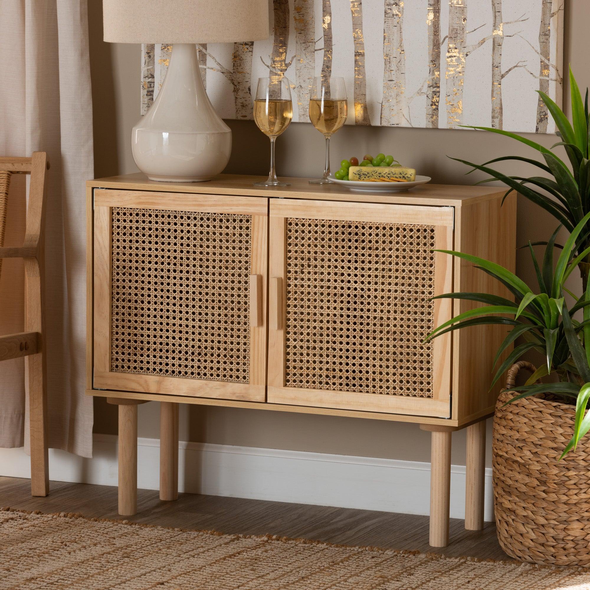 Maclean Mid-Century Modern Rattan and Finished Wood 2-Door Sideboard Buffet