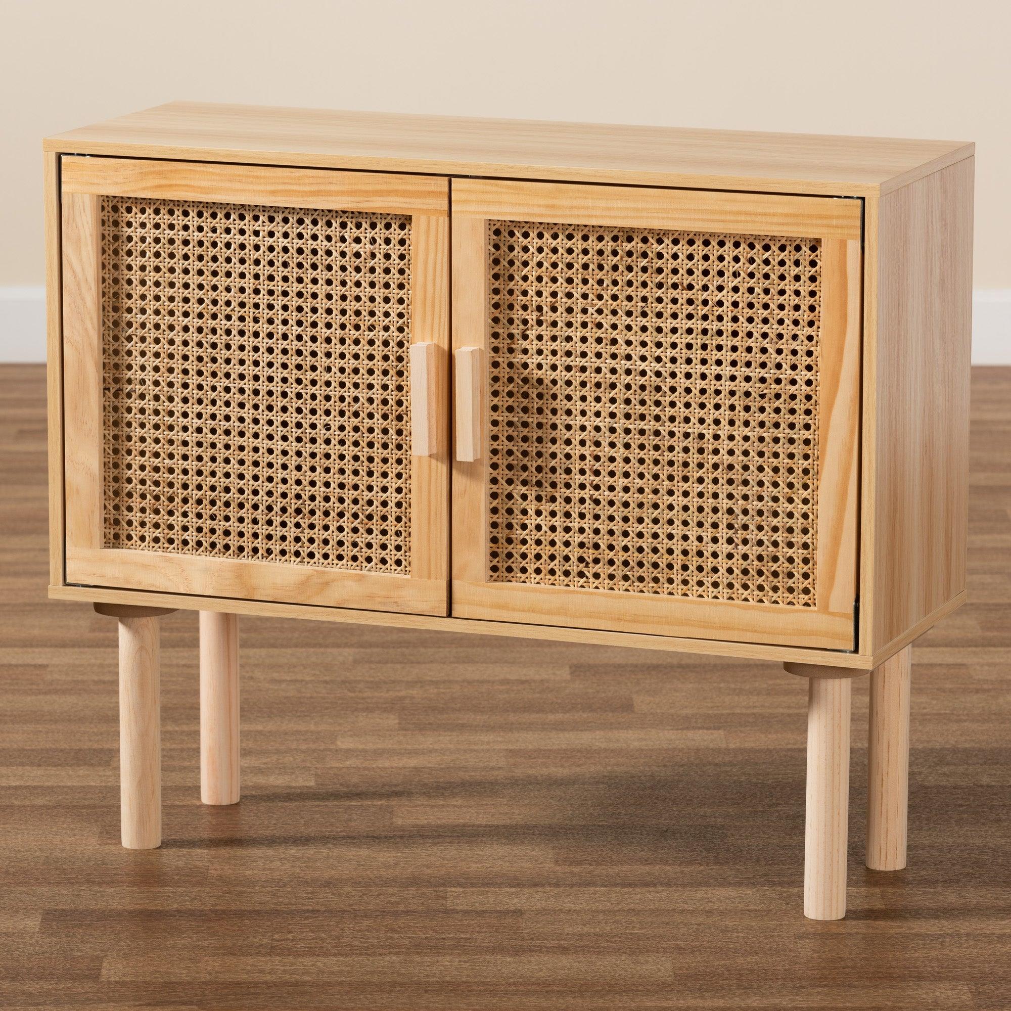 Maclean Mid-Century Modern Rattan and Finished Wood 2-Door Sideboard Buffet