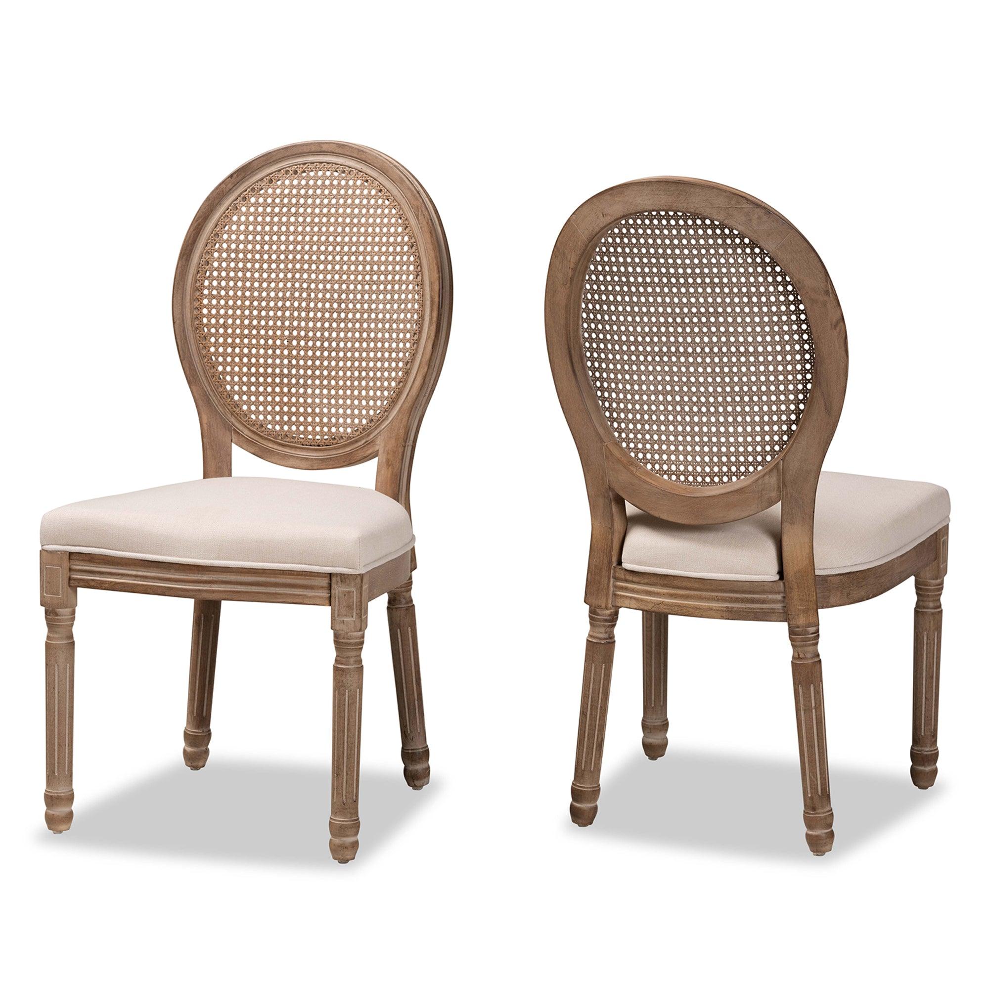 Louis Traditional French Inspired Fabric Upholstered and Antique Finished Wood 2-Piece Dining Chair Set with Rattan