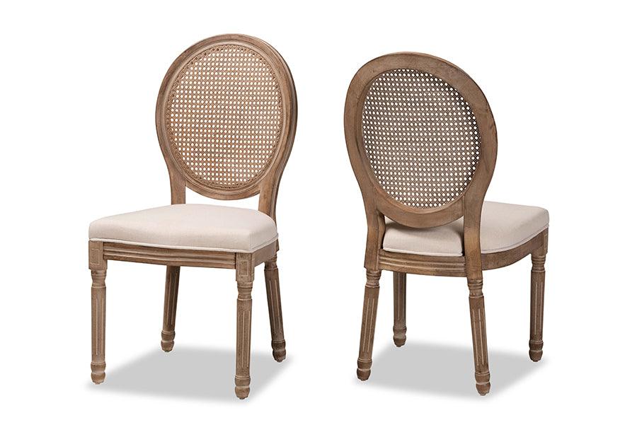 Louis Traditional French Inspired Fabric Upholstered and Antique Finished Wood 2-Piece Dining Chair Set with Rattan