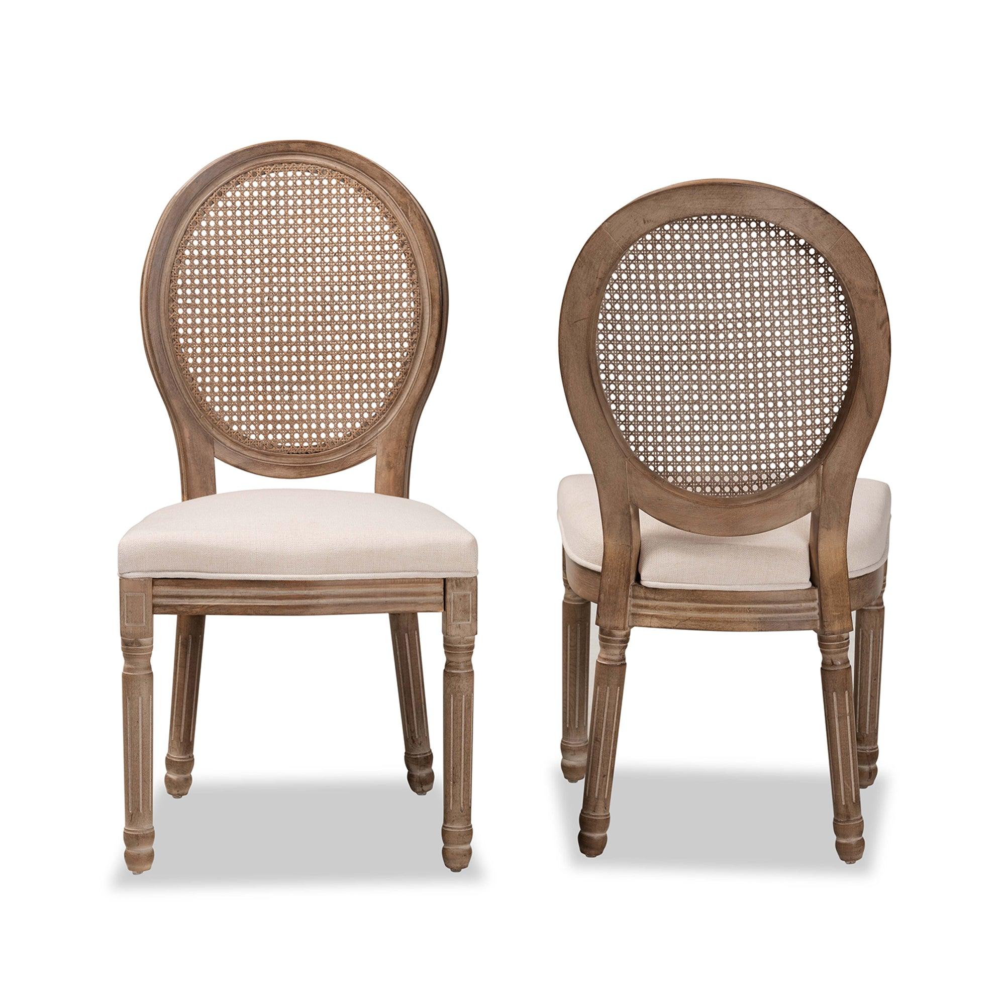 Louis Traditional French Inspired Fabric Upholstered and Antique Finished Wood 2-Piece Dining Chair Set with Rattan