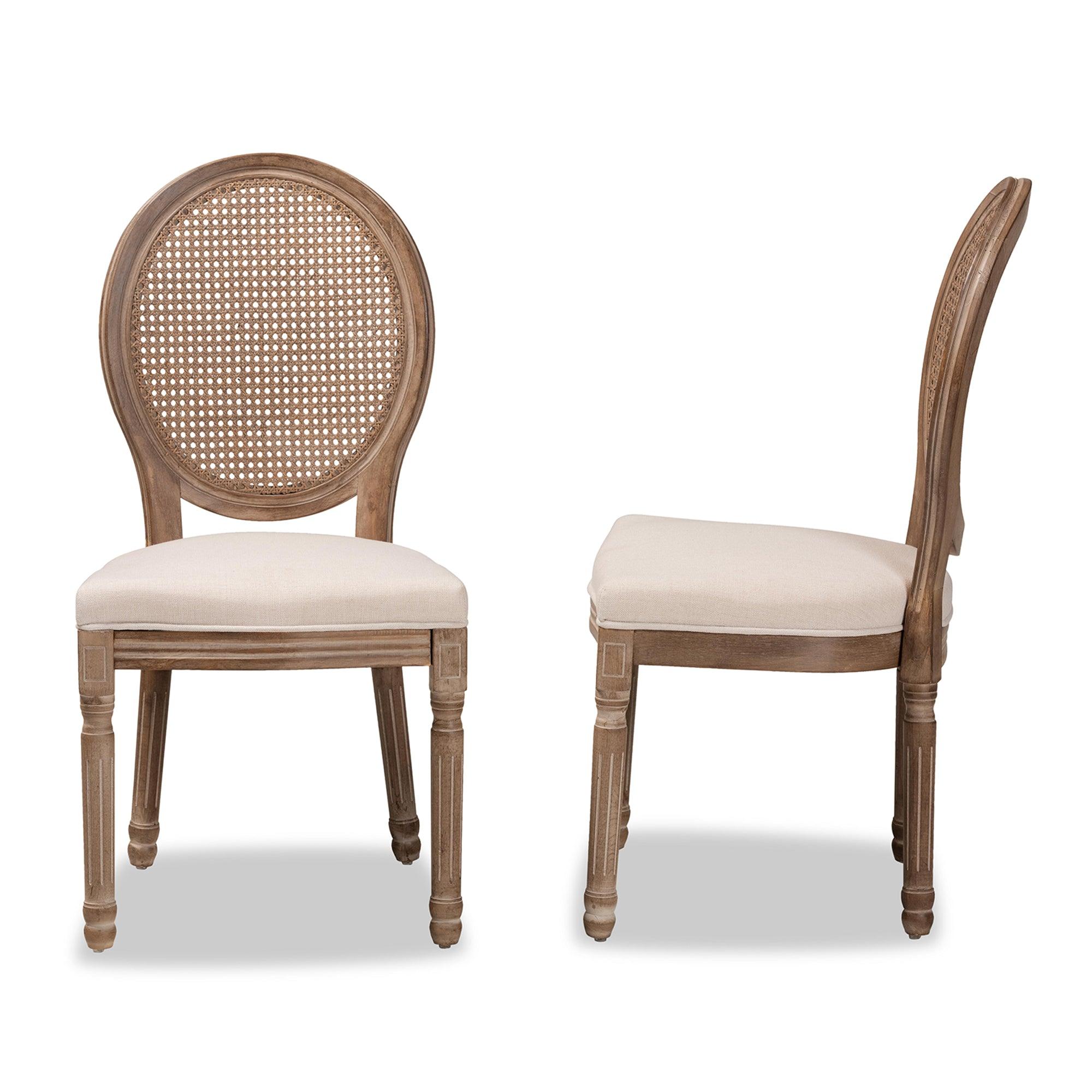 Louis Traditional French Inspired Fabric Upholstered and Antique Finished Wood 2-Piece Dining Chair Set with Rattan