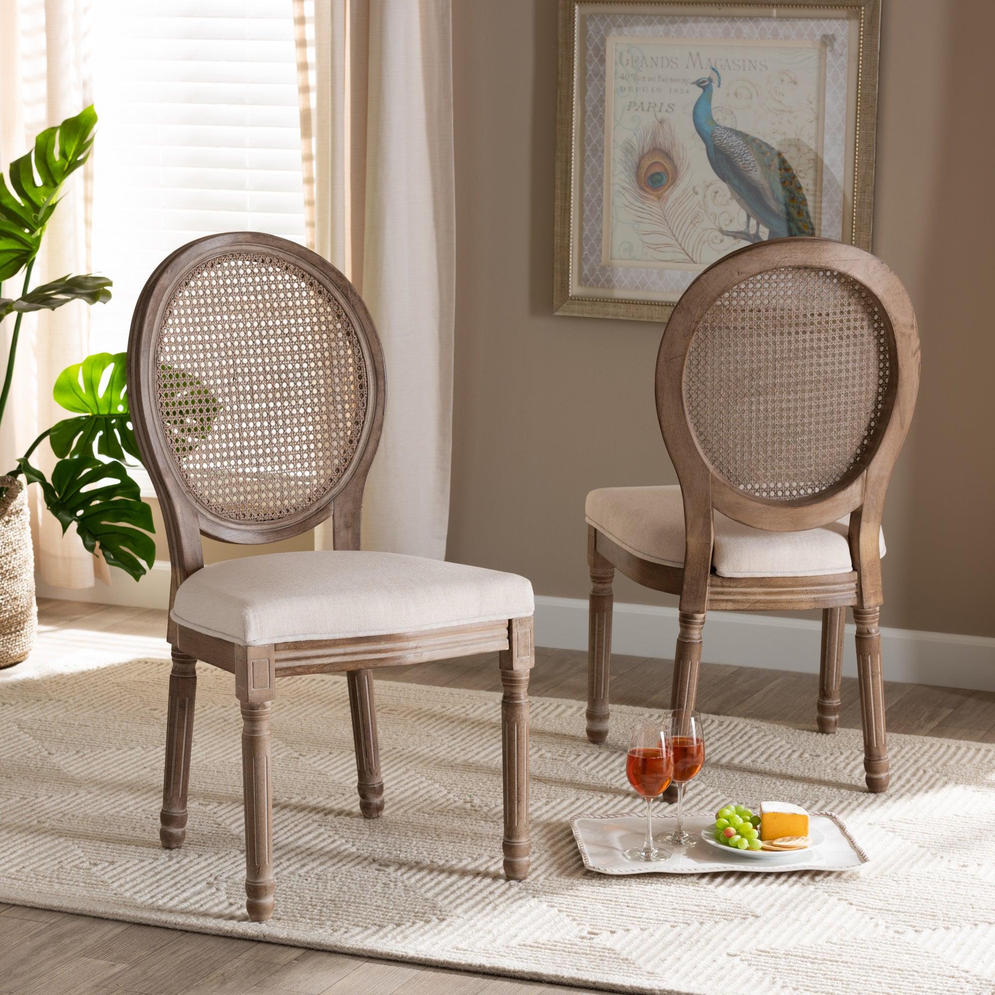 Louis Traditional French Inspired Fabric Upholstered and Antique Finished Wood 2-Piece Dining Chair Set with Rattan