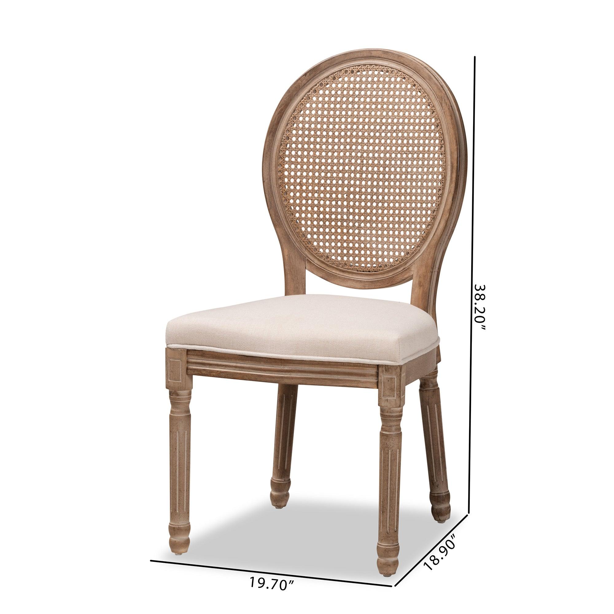 Louis Traditional French Inspired Fabric Upholstered and Antique Finished Wood 2-Piece Dining Chair Set with Rattan