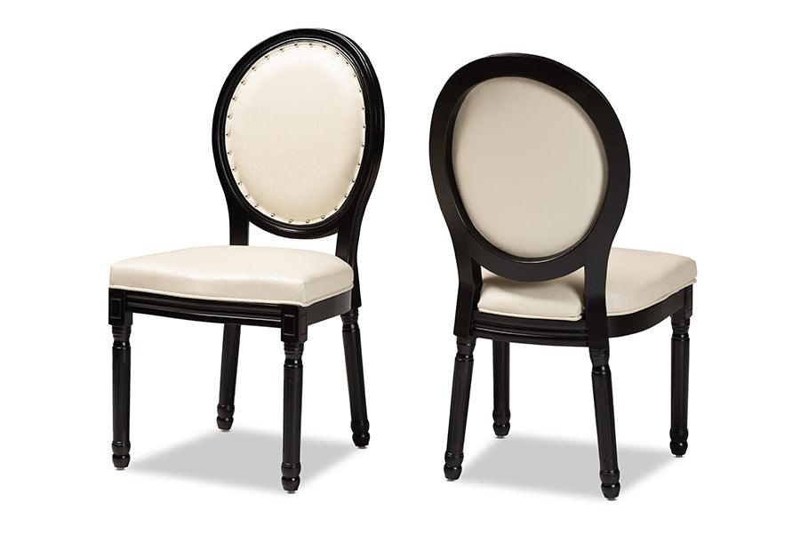 Louis Traditional French Inspired Faux Leather Upholstered and Finished Wood 2-Piece Dining Chair Set