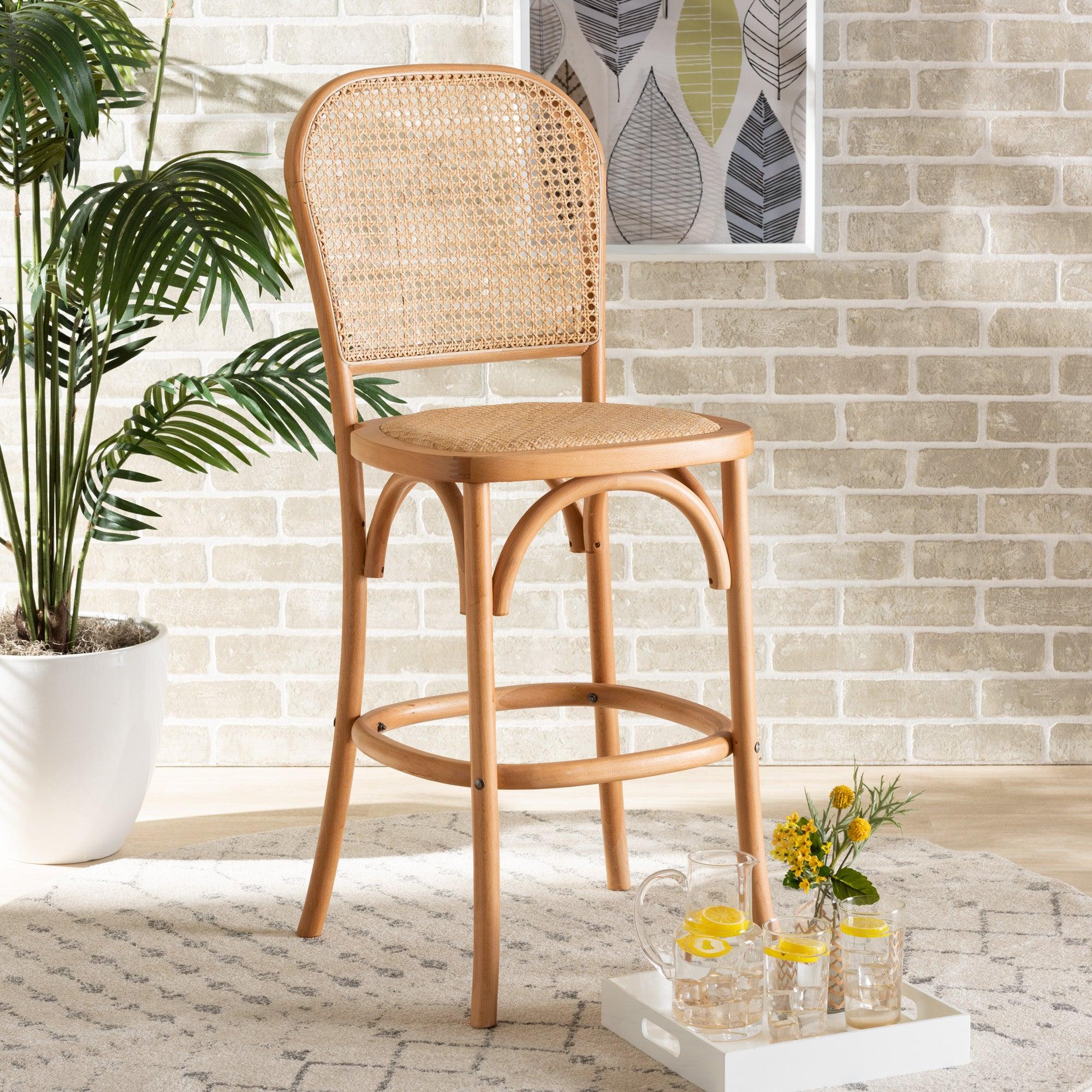 Vance Mid-Century Modern Woven Rattan and Wood Cane Counter Stool