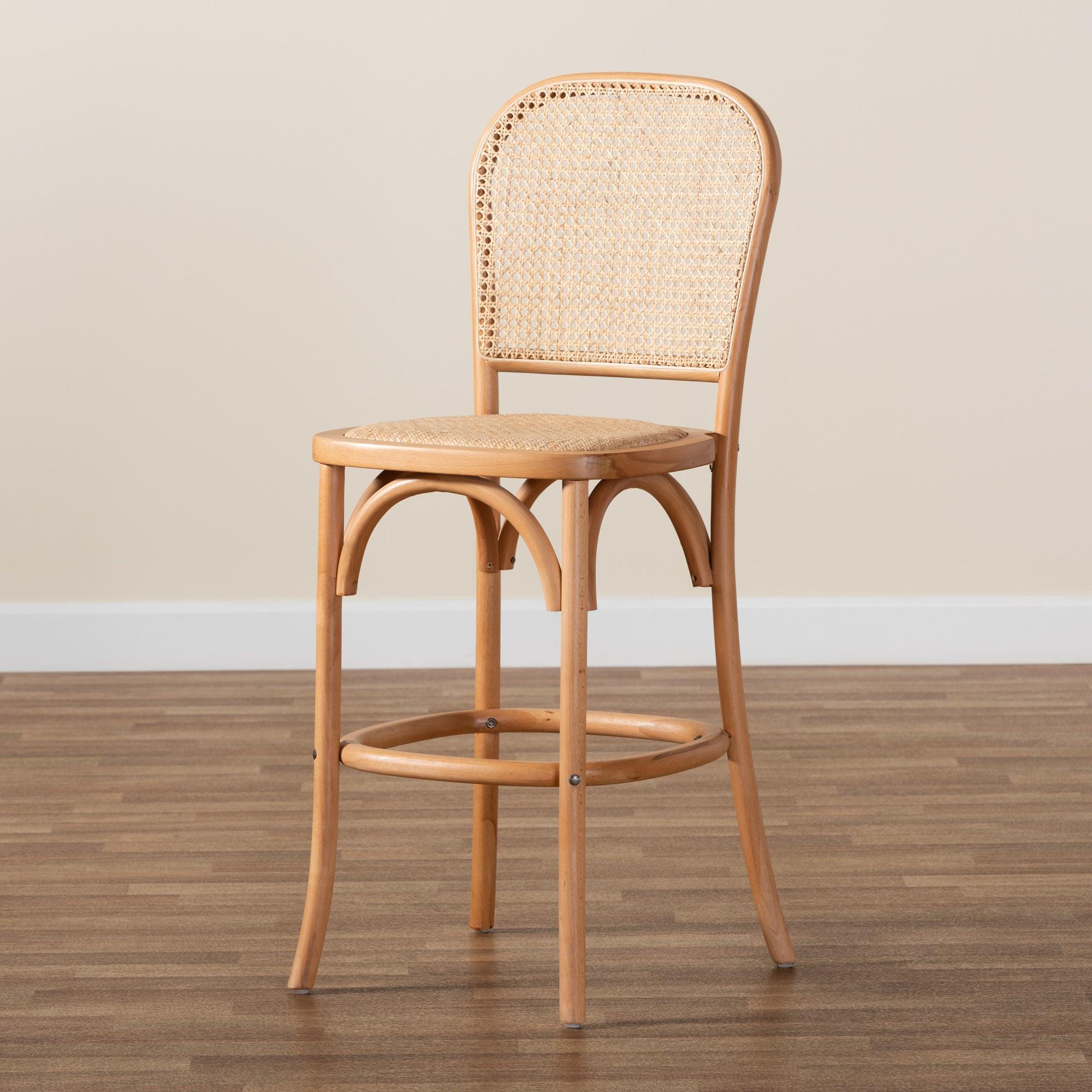 Vance Mid-Century Modern Woven Rattan and Wood Cane Counter Stool