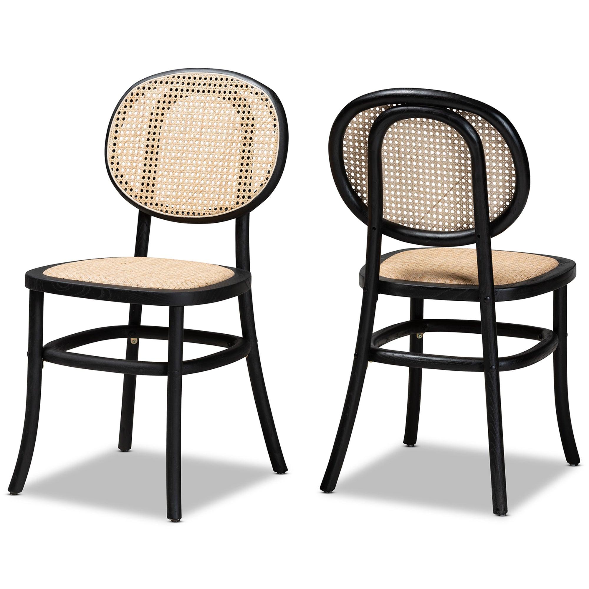 Garold Mid-Century Modern Woven Rattan and Wood 2-Piece Cane Dining Chair Set