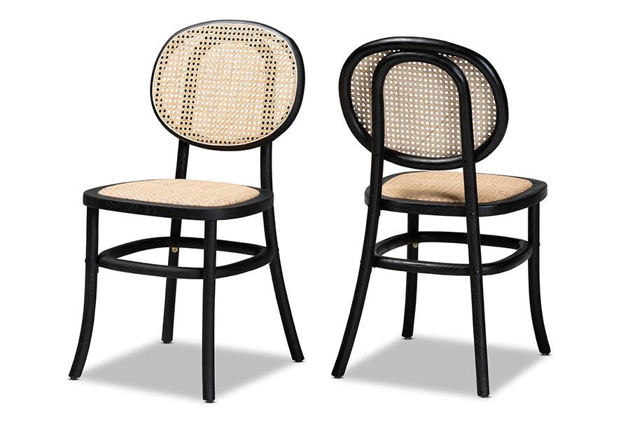 Garold Mid-Century Modern Woven Rattan and Wood 2-Piece Cane Dining Chair Set