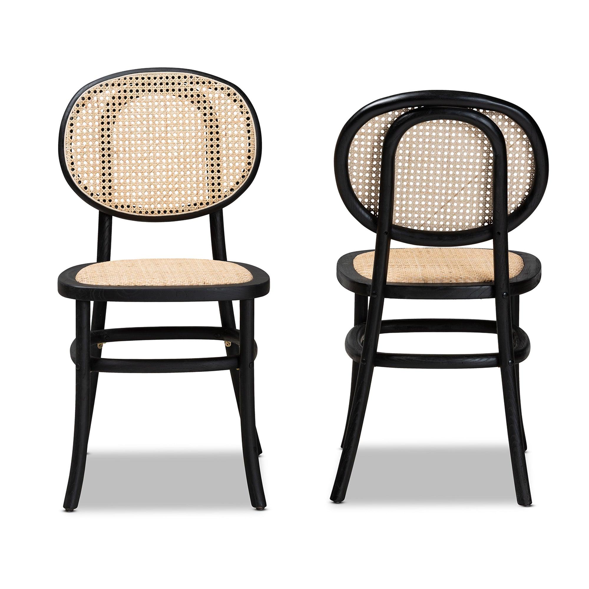 Garold Mid-Century Modern Woven Rattan and Wood 2-Piece Cane Dining Chair Set