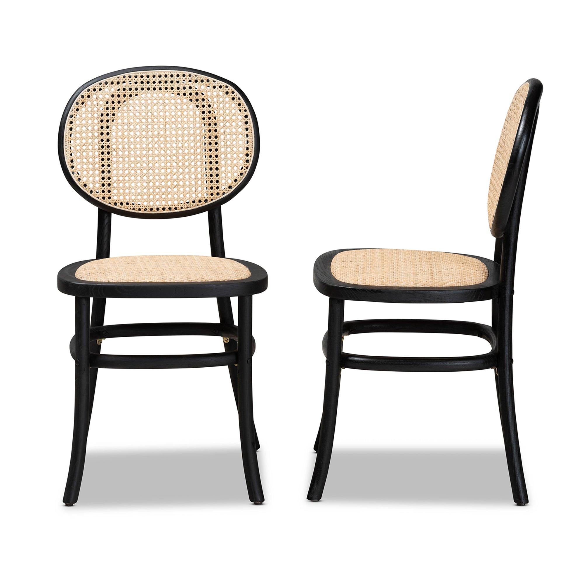 Garold Mid-Century Modern Woven Rattan and Wood 2-Piece Cane Dining Chair Set