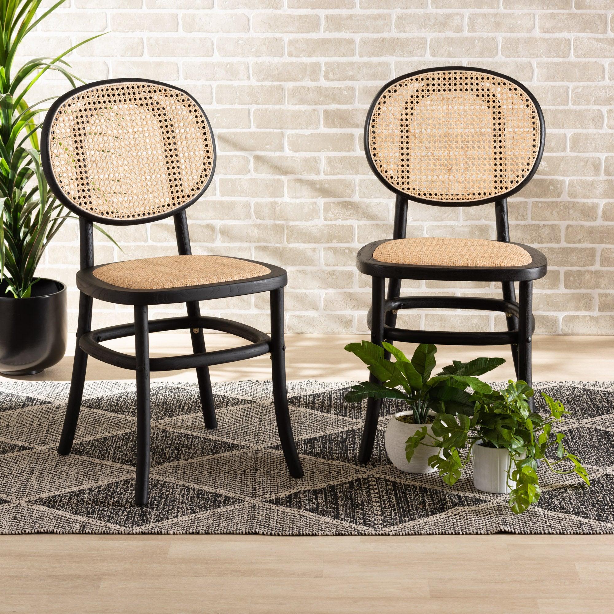 Garold Mid-Century Modern Woven Rattan and Wood 2-Piece Cane Dining Chair Set