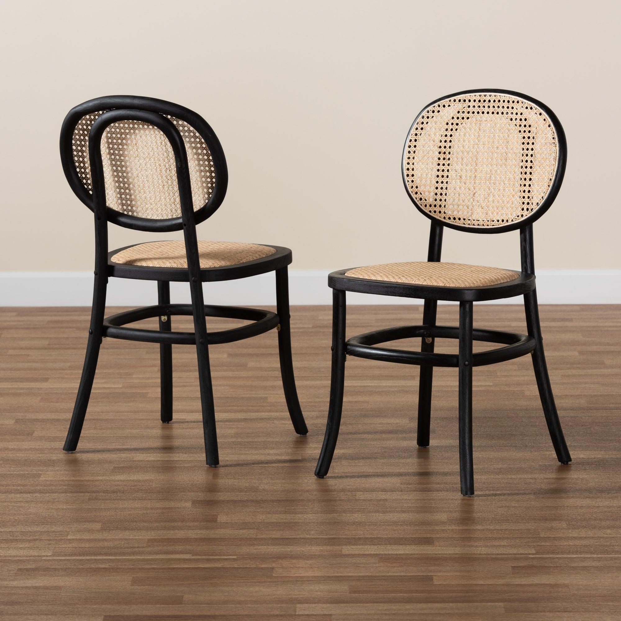 Garold Mid-Century Modern Woven Rattan and Wood 2-Piece Cane Dining Chair Set