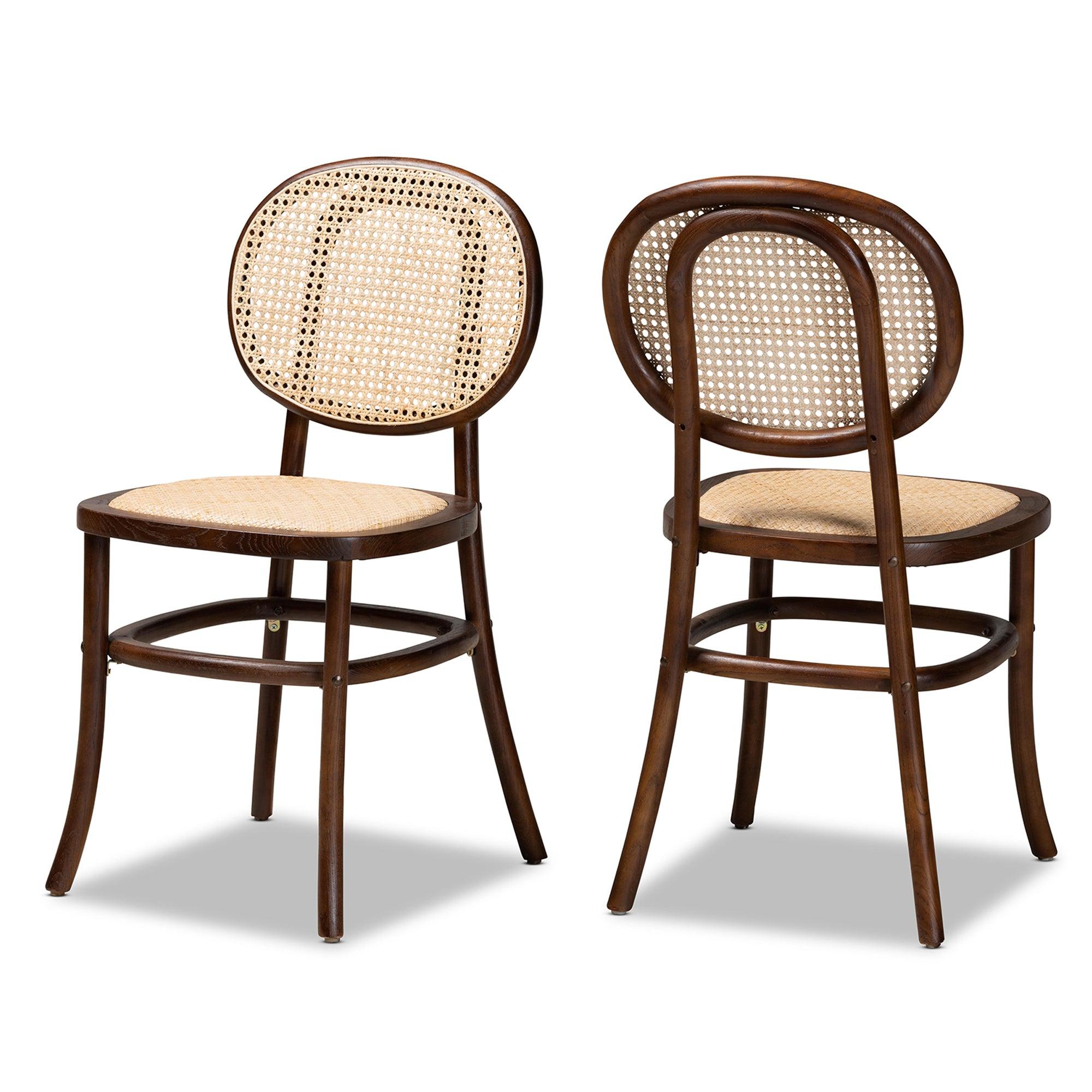 Garold Mid-Century Modern Woven Rattan and Wood 2-Piece Cane Dining Chair Set