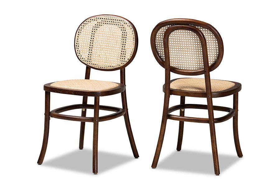 Garold Mid-Century Modern Woven Rattan and Wood 2-Piece Cane Dining Chair Set