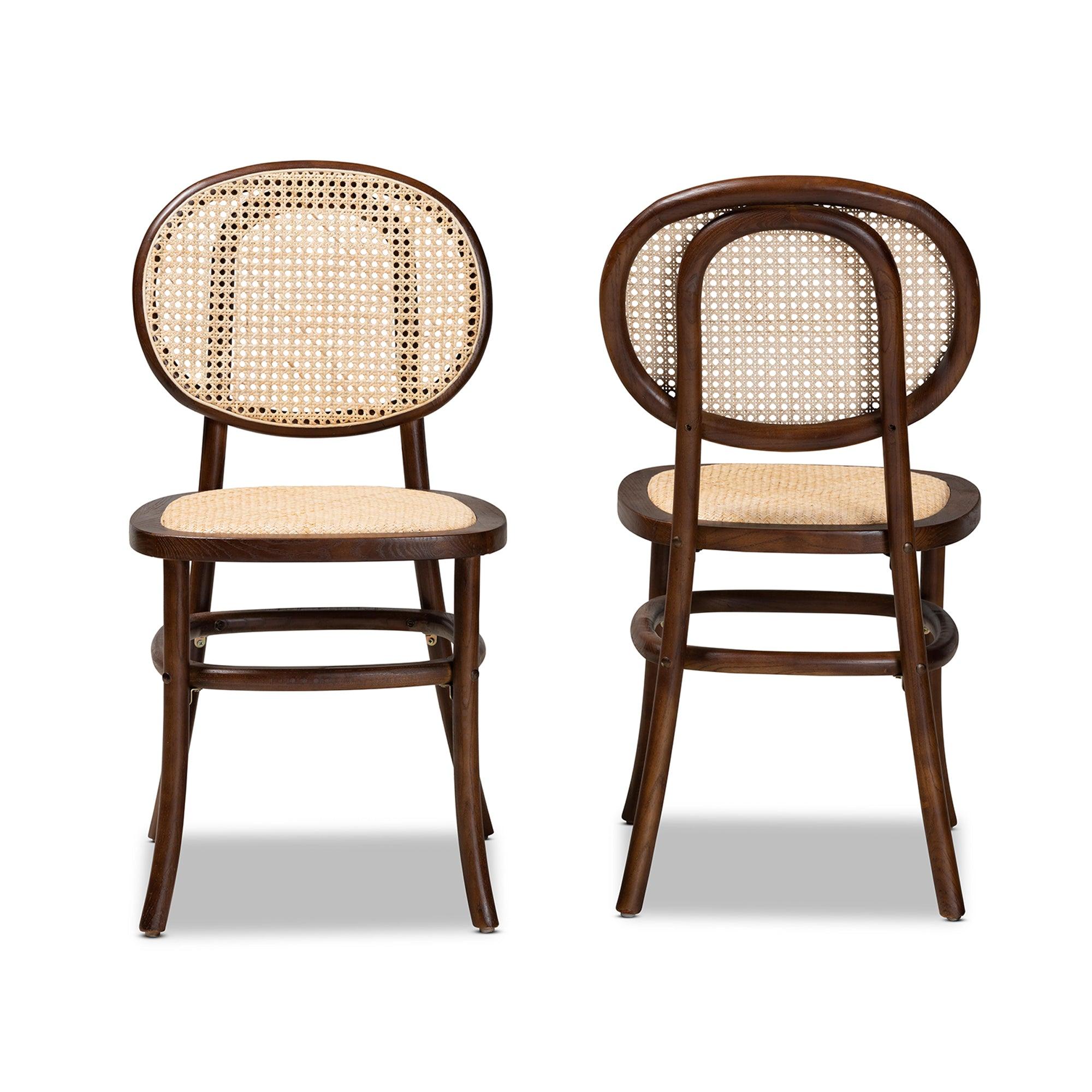 Garold Mid-Century Modern Woven Rattan and Wood 2-Piece Cane Dining Chair Set