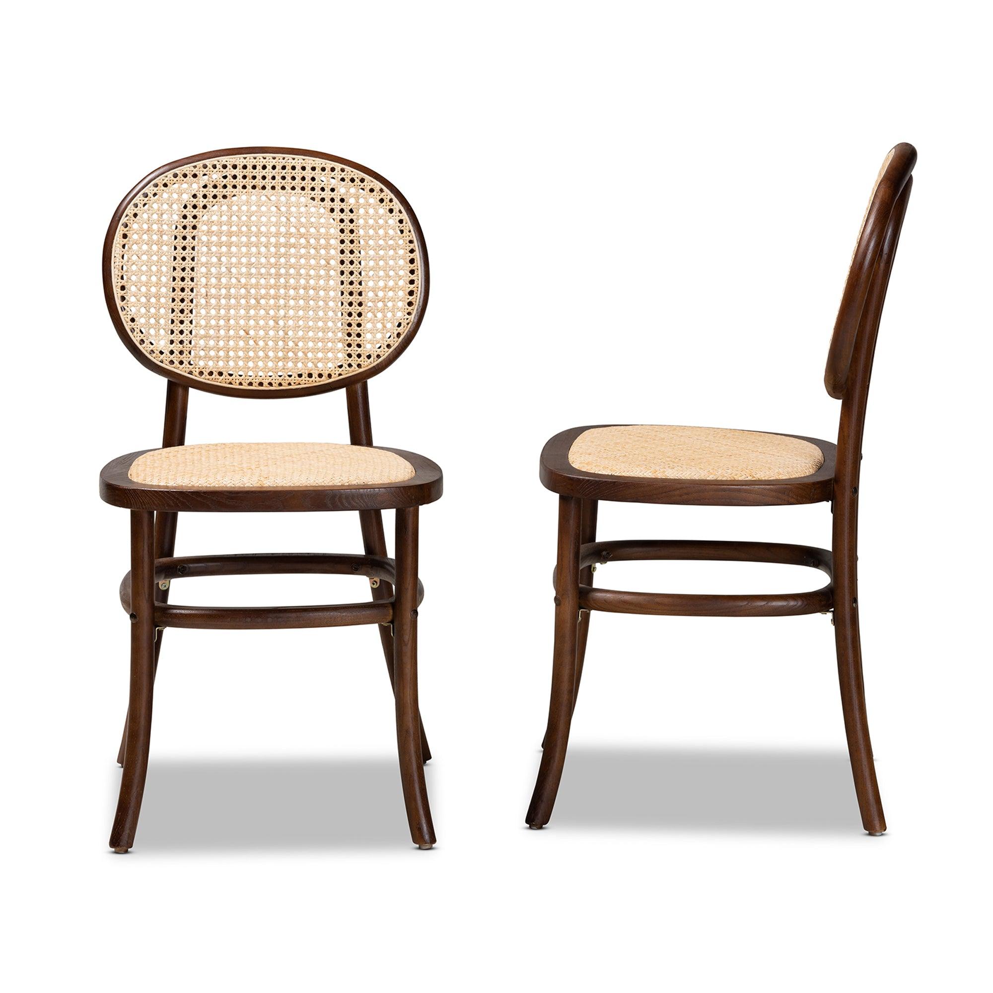 Garold Mid-Century Modern Woven Rattan and Wood 2-Piece Cane Dining Chair Set