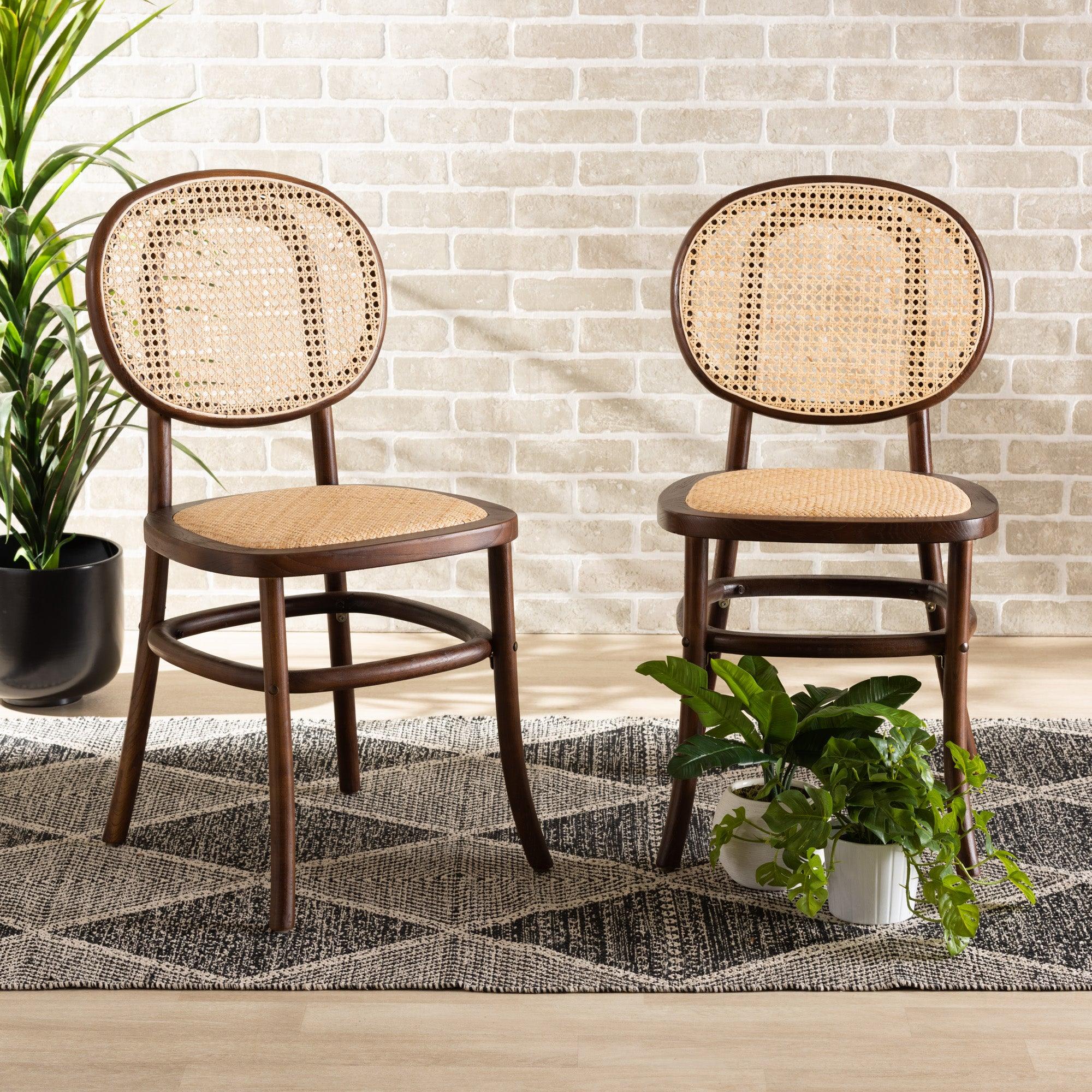 Garold Mid-Century Modern Woven Rattan and Wood 2-Piece Cane Dining Chair Set