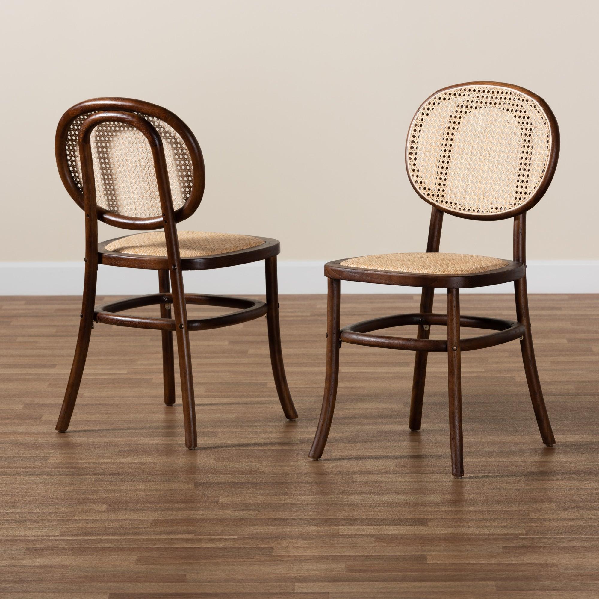 Garold Mid-Century Modern Woven Rattan and Wood 2-Piece Cane Dining Chair Set