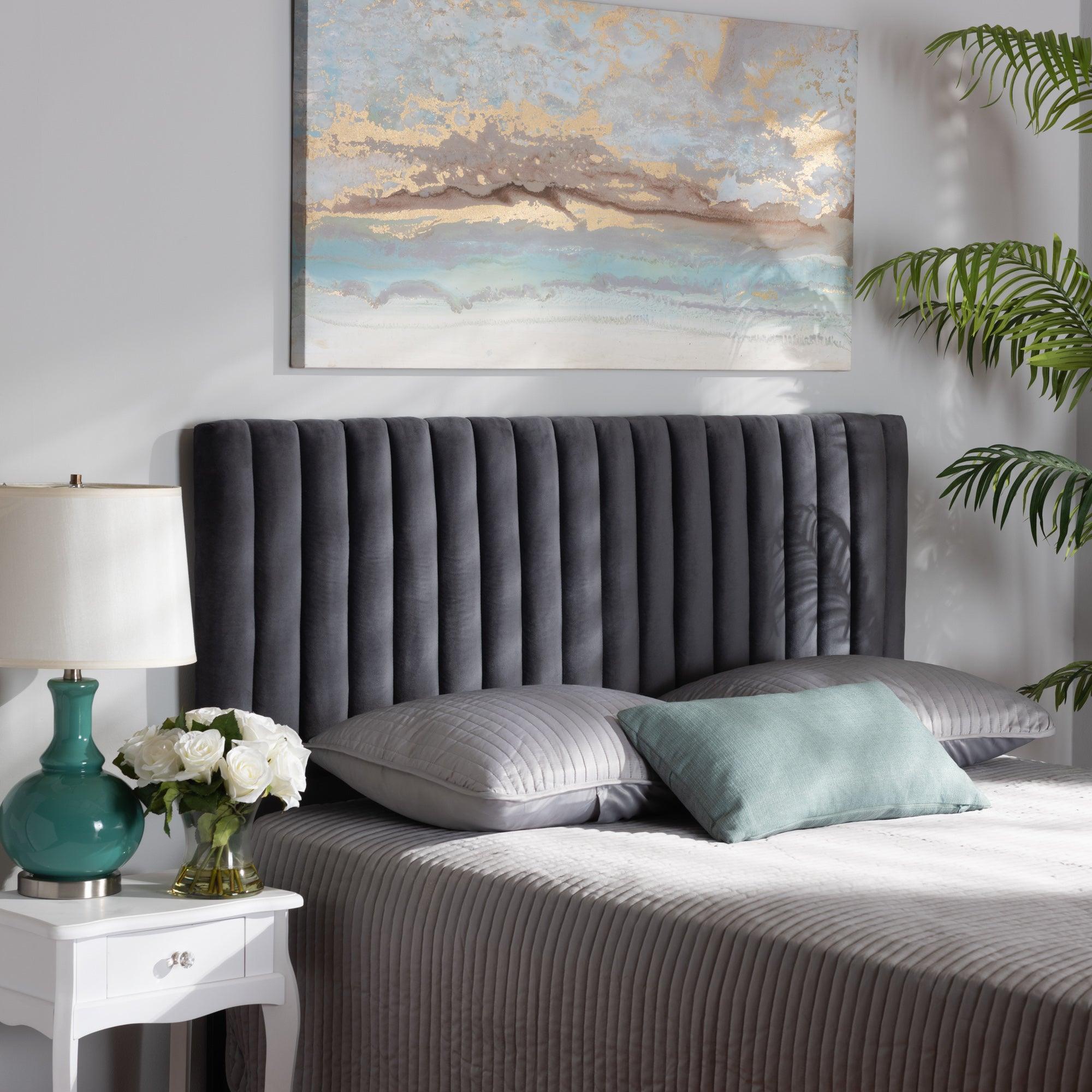 Emile Modern and Contemporary Velvet Fabric Upholstered and Finished Wood Headboard