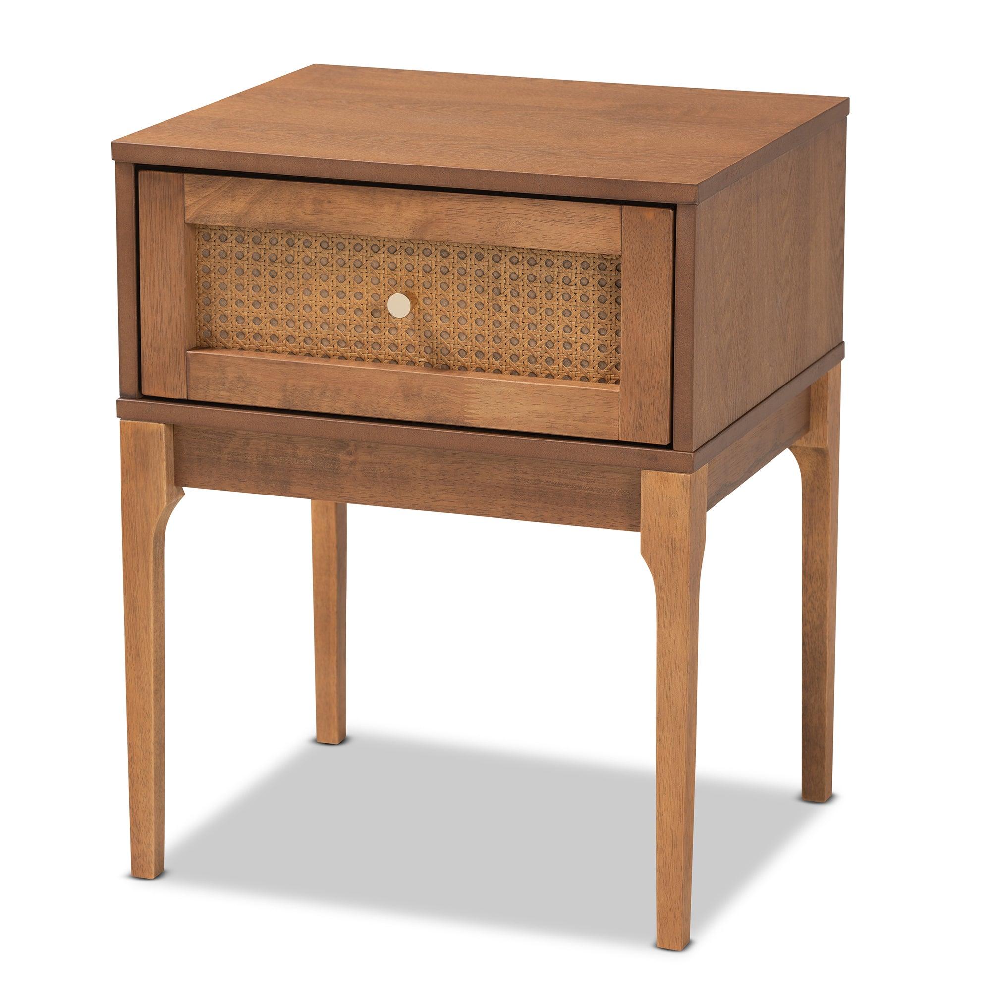 Ramiel Mid-Century Modern Ash Finished Wood and Rattan 1-Drawer Nightstand