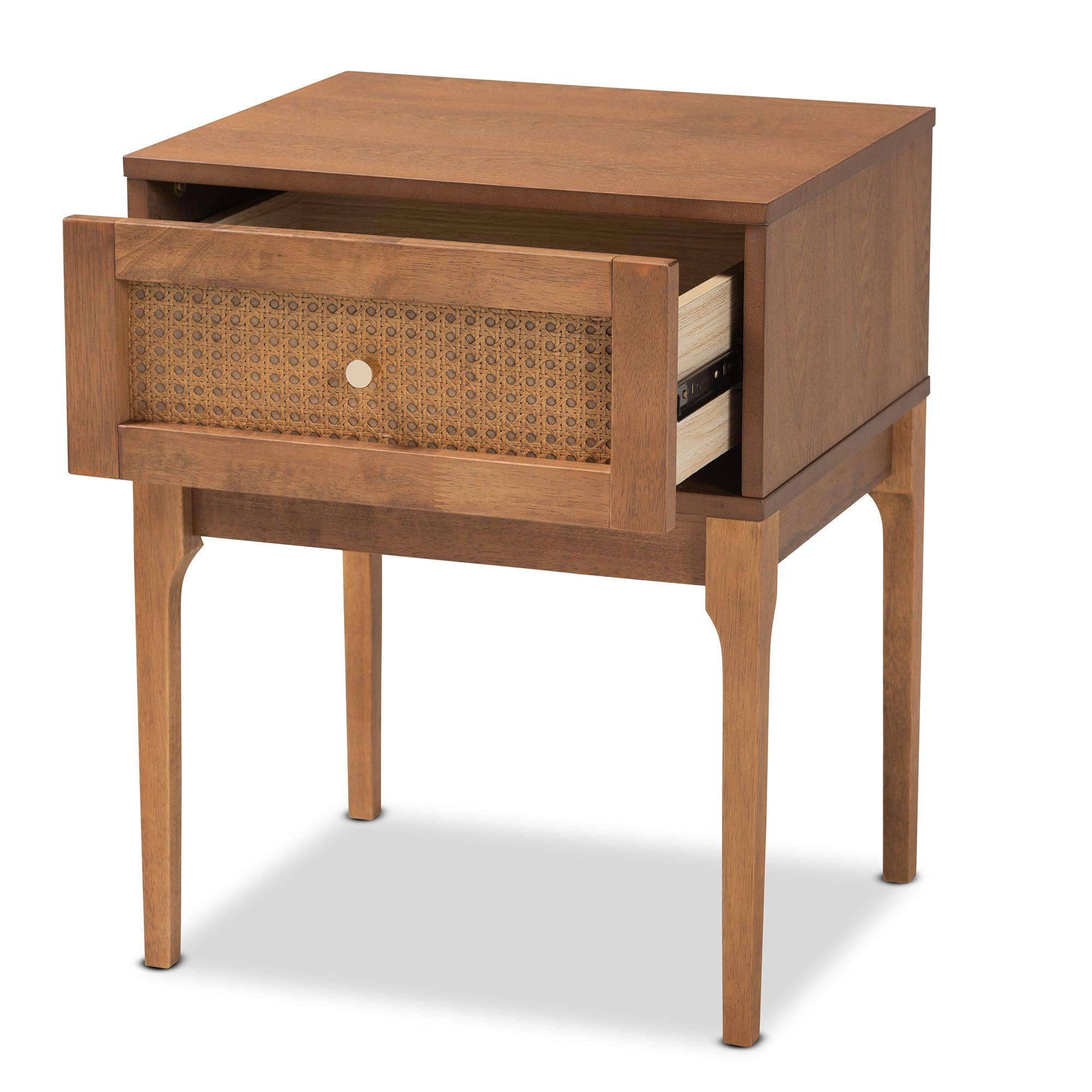 Ramiel Mid-Century Modern Ash Finished Wood and Rattan 1-Drawer Nightstand