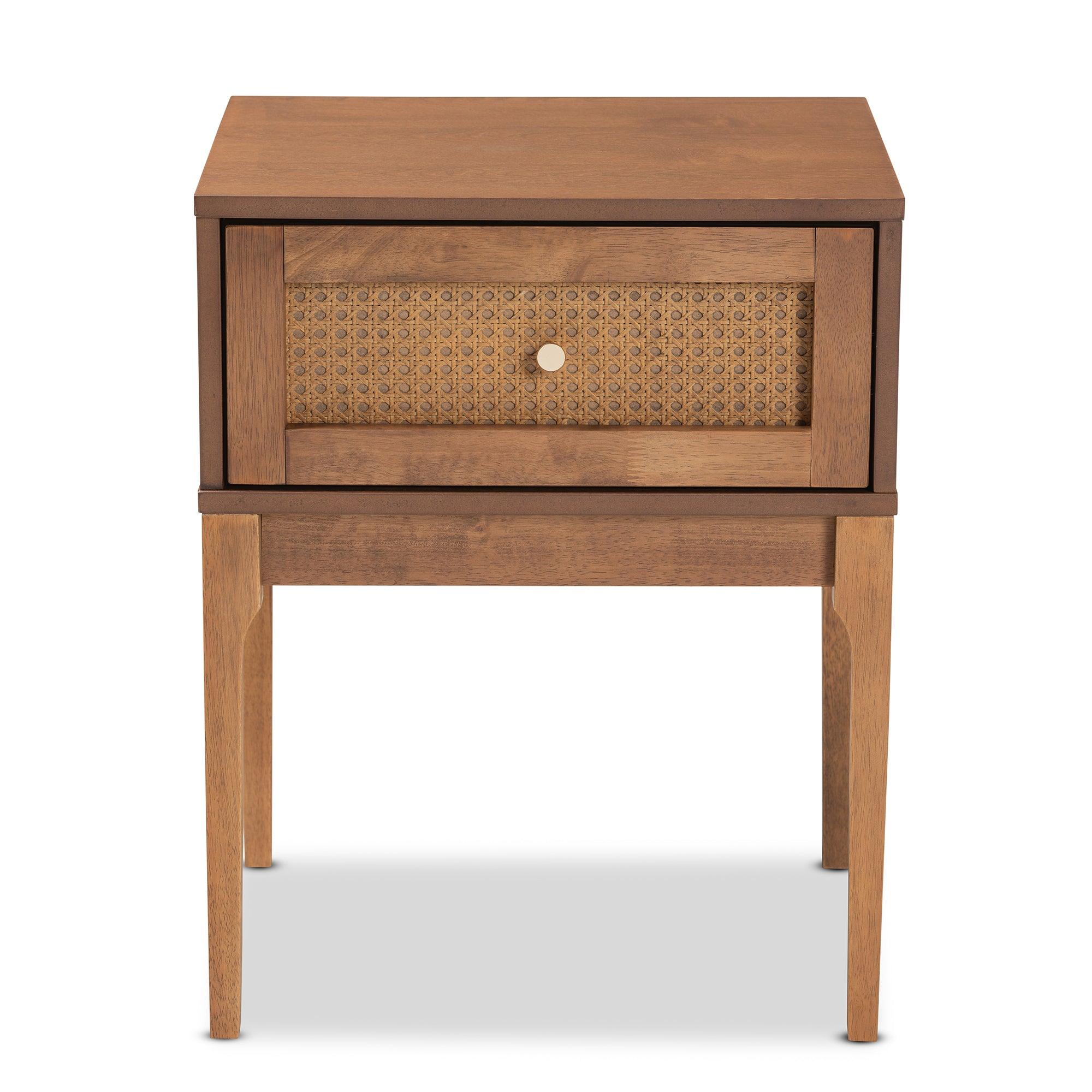 Ramiel Mid-Century Modern Ash Finished Wood and Rattan 1-Drawer Nightstand