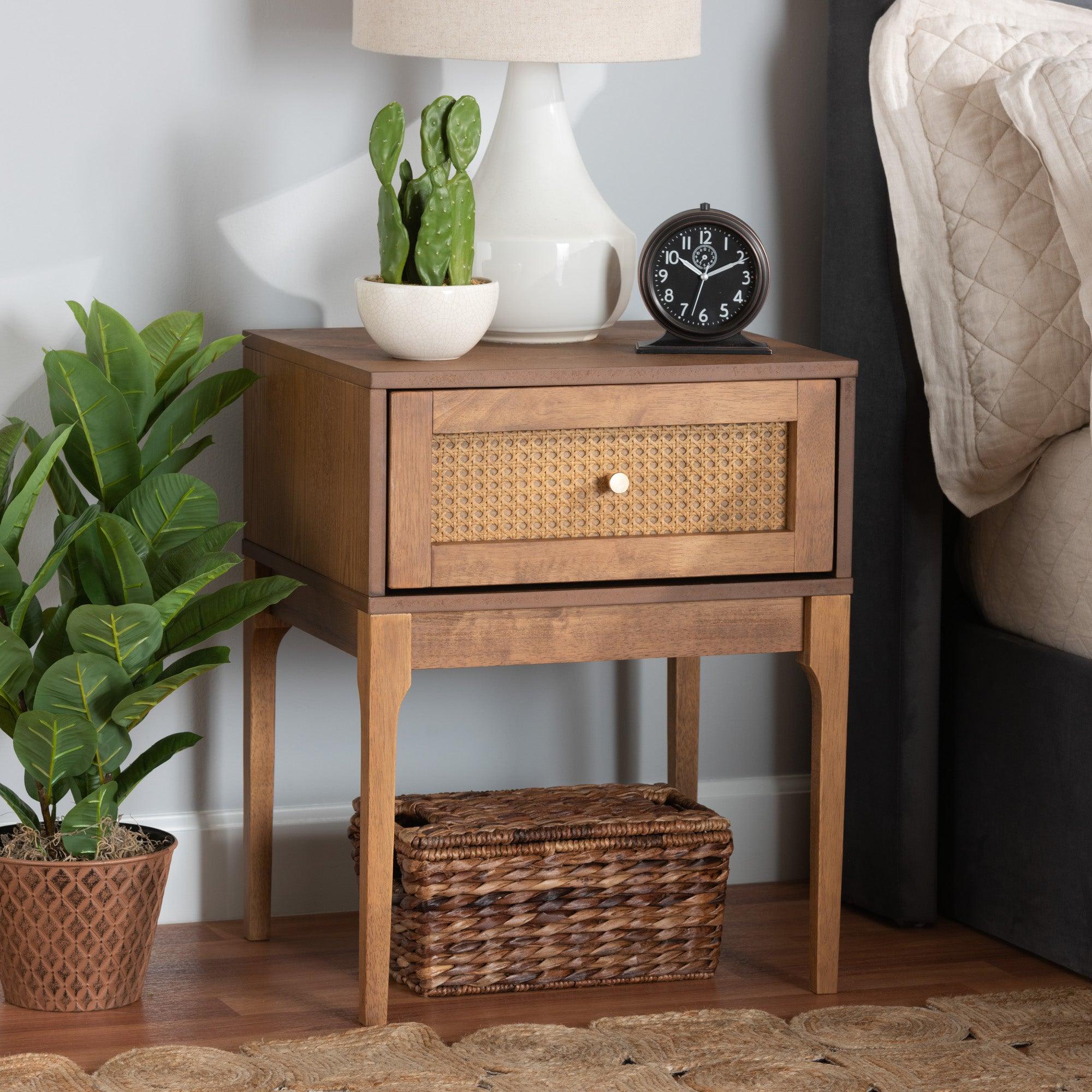 Ramiel Mid-Century Modern Ash Finished Wood and Rattan 1-Drawer Nightstand