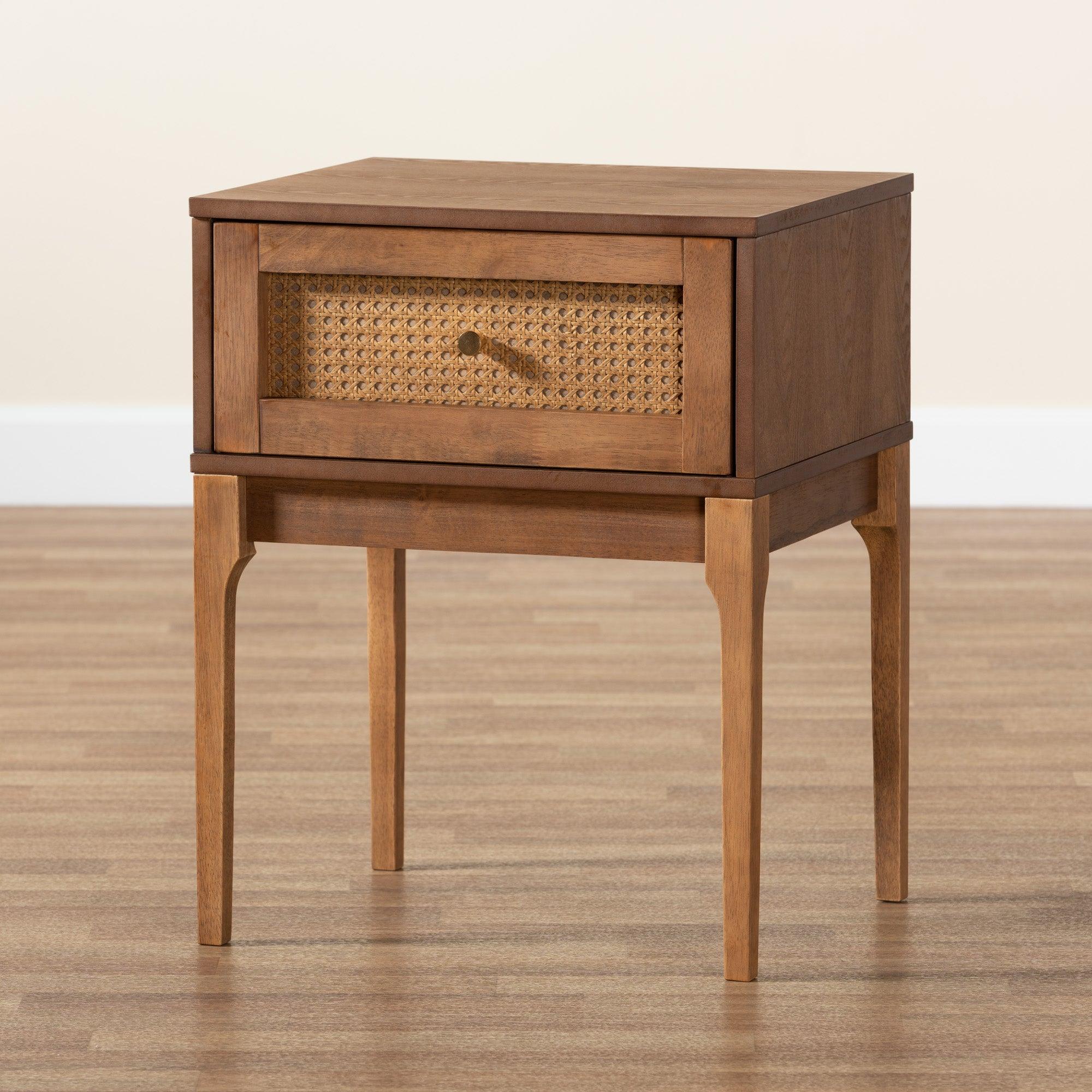 Ramiel Mid-Century Modern Ash Finished Wood and Rattan 1-Drawer Nightstand