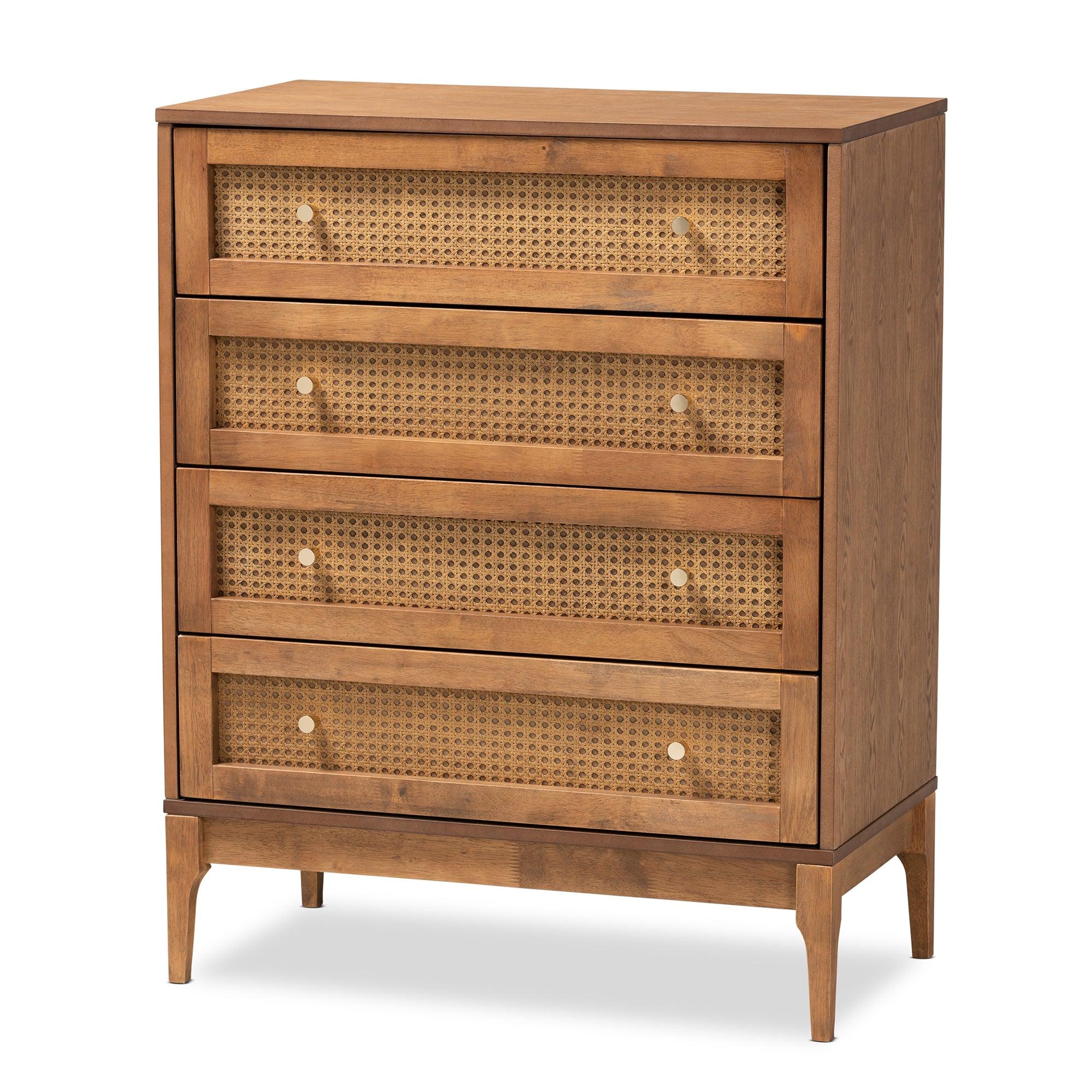 Ramiel Mid-Century Modern Ash Finished Wood and Rattan 4-Drawer Chest