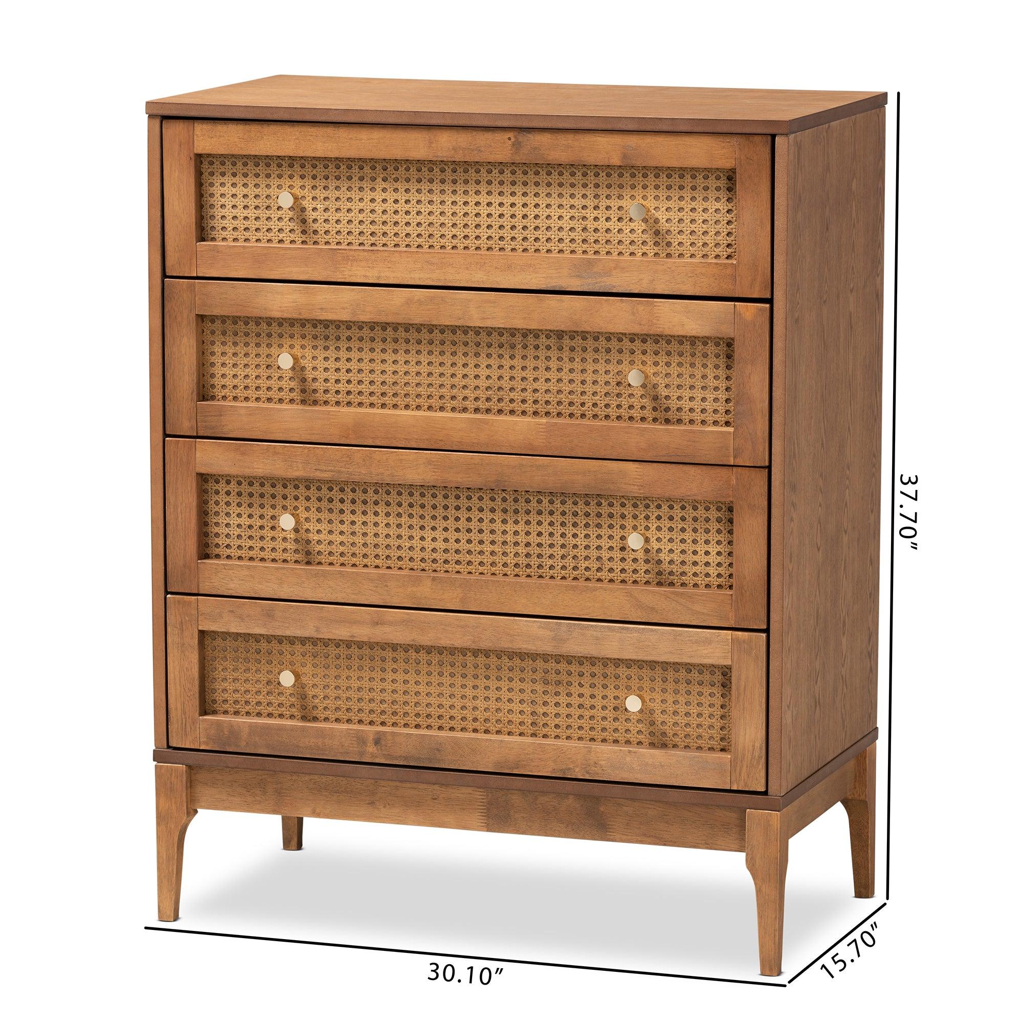 Ramiel Mid-Century Modern Ash Finished Wood and Rattan 4-Drawer Chest