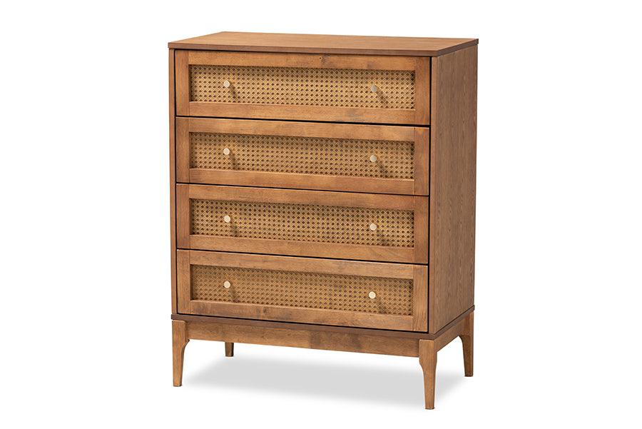 Ramiel Mid-Century Modern Ash Finished Wood and Rattan 4-Drawer Chest