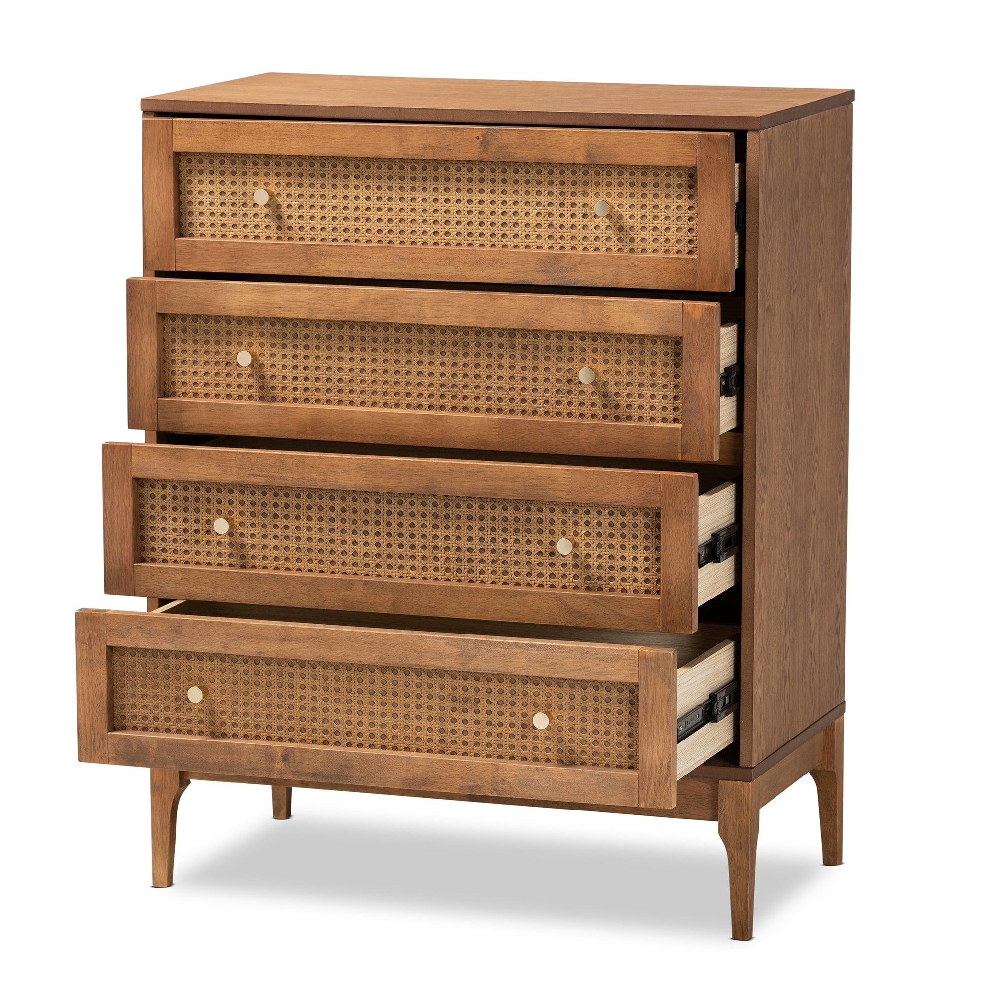 Ramiel Mid-Century Modern Ash Finished Wood and Rattan 4-Drawer Chest