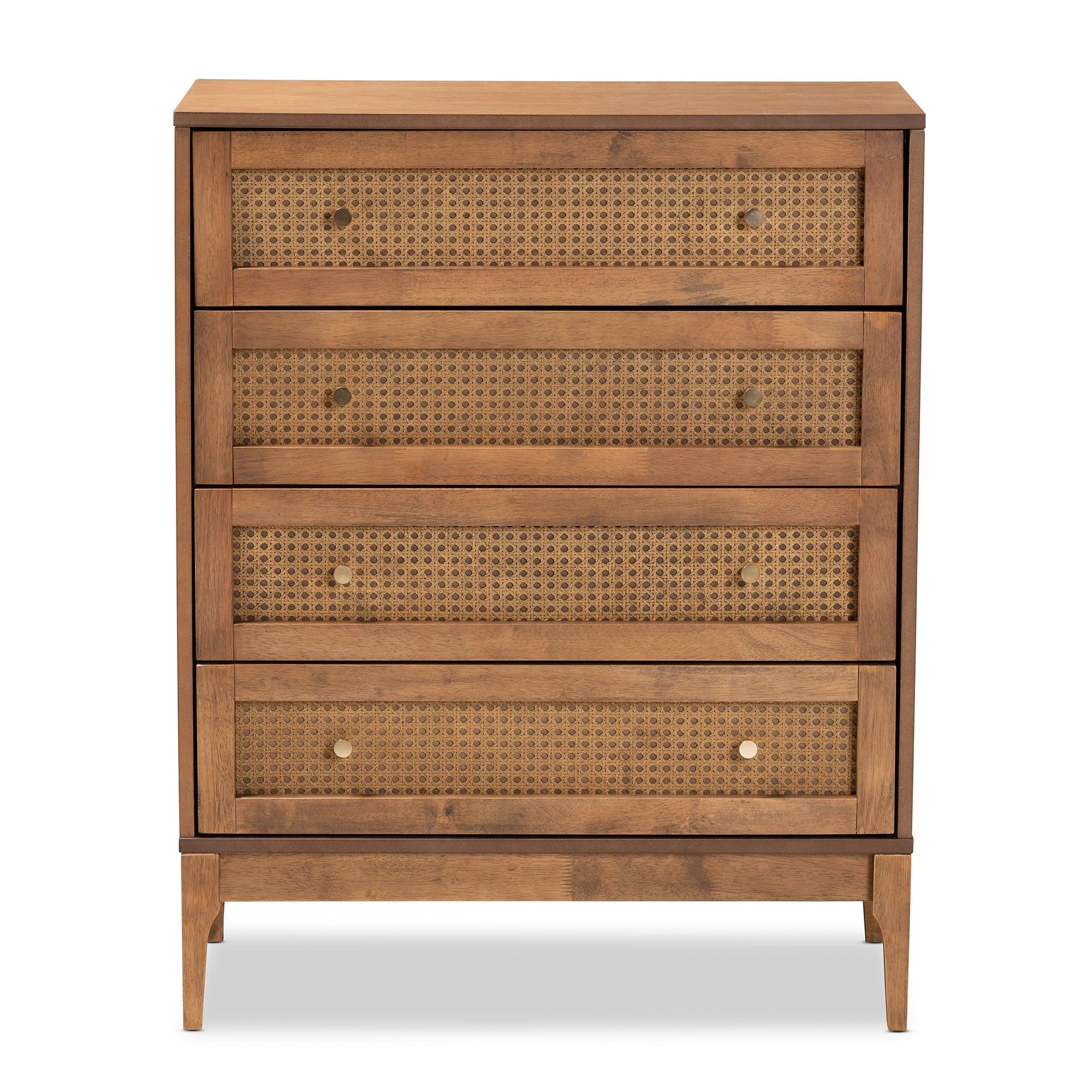 Ramiel Mid-Century Modern Ash Finished Wood and Rattan 4-Drawer Chest