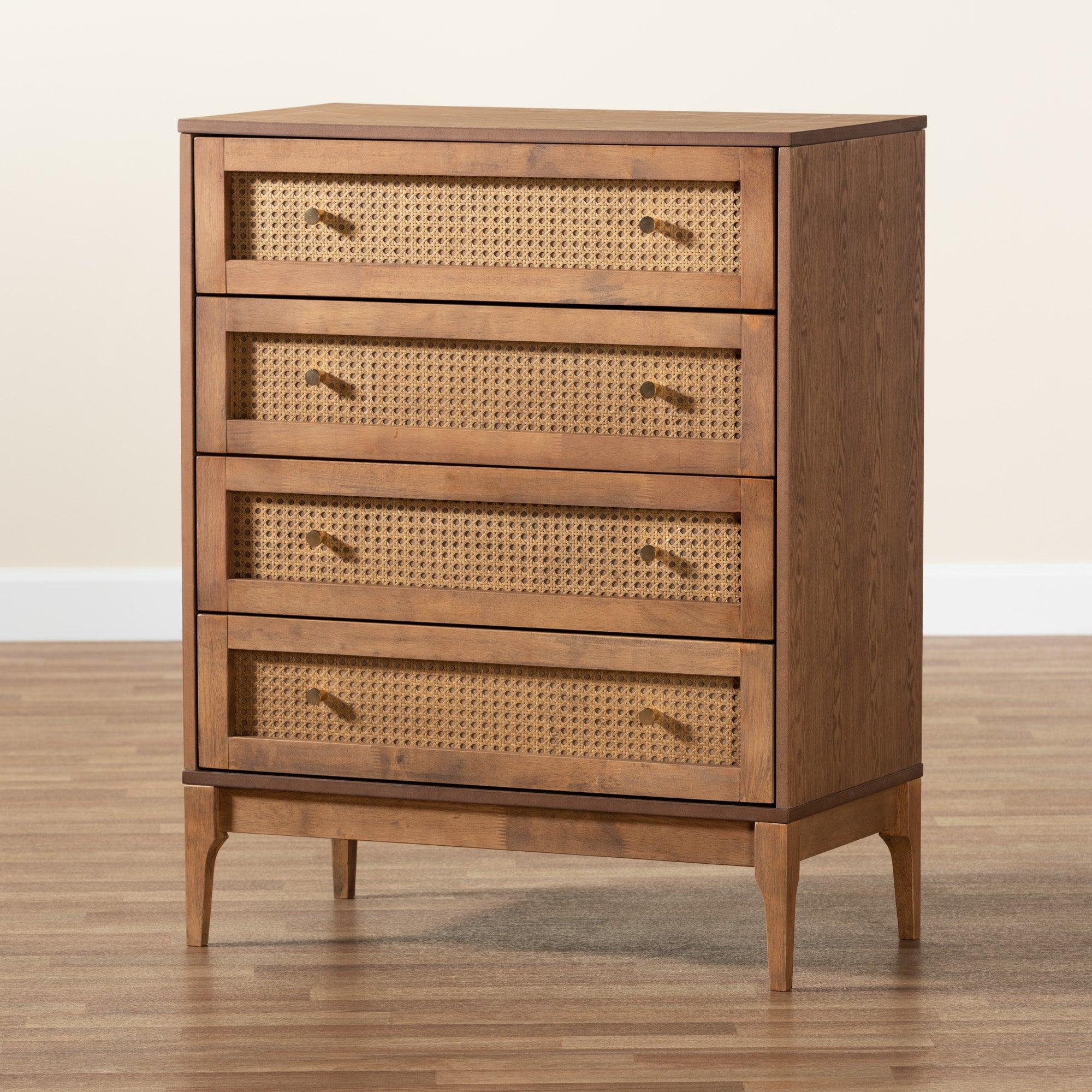 Ramiel Mid-Century Modern Ash Finished Wood and Rattan 4-Drawer Chest