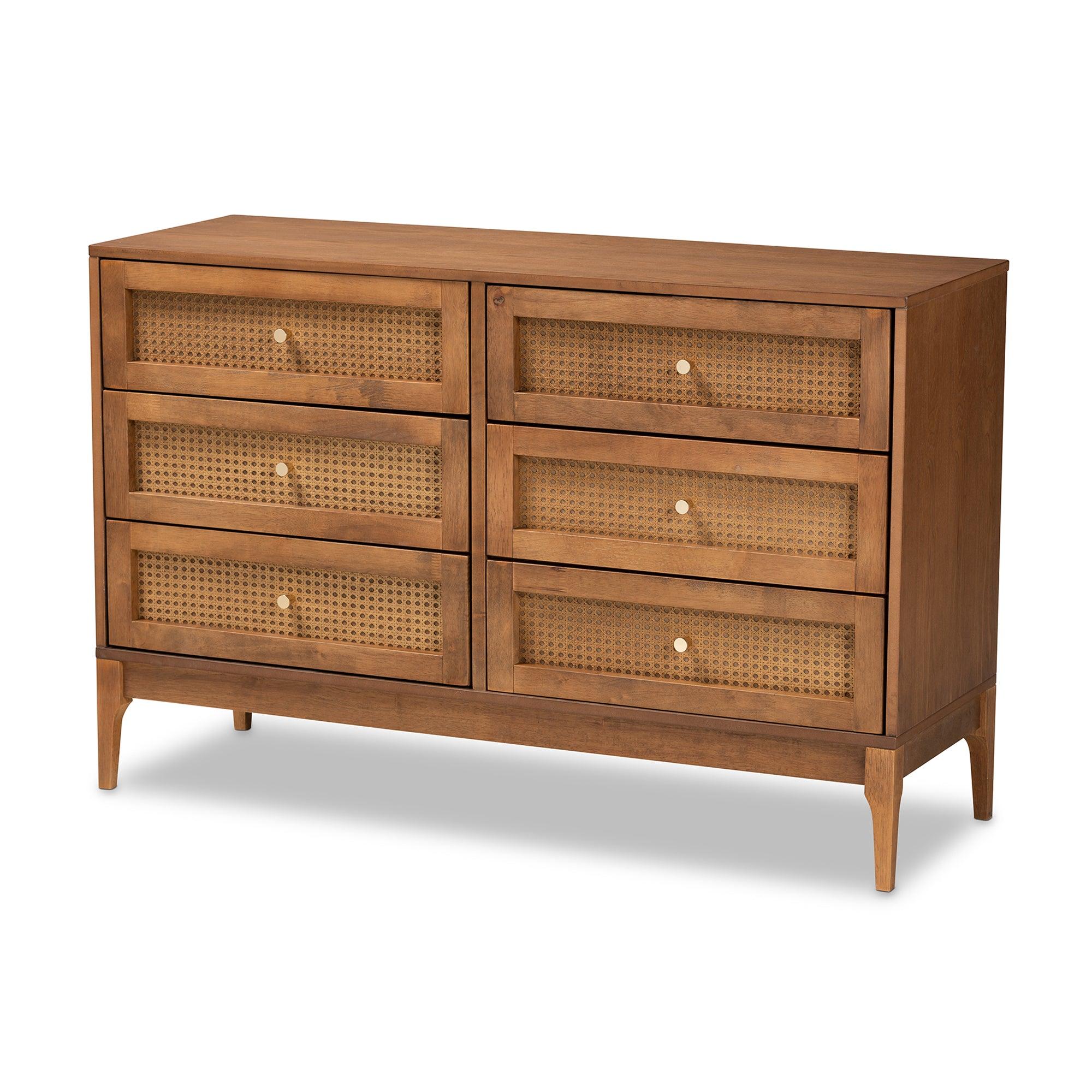 Ramiel Mid-Century Modern Ash Finished Wood and Rattan 6-Drawer Dresser