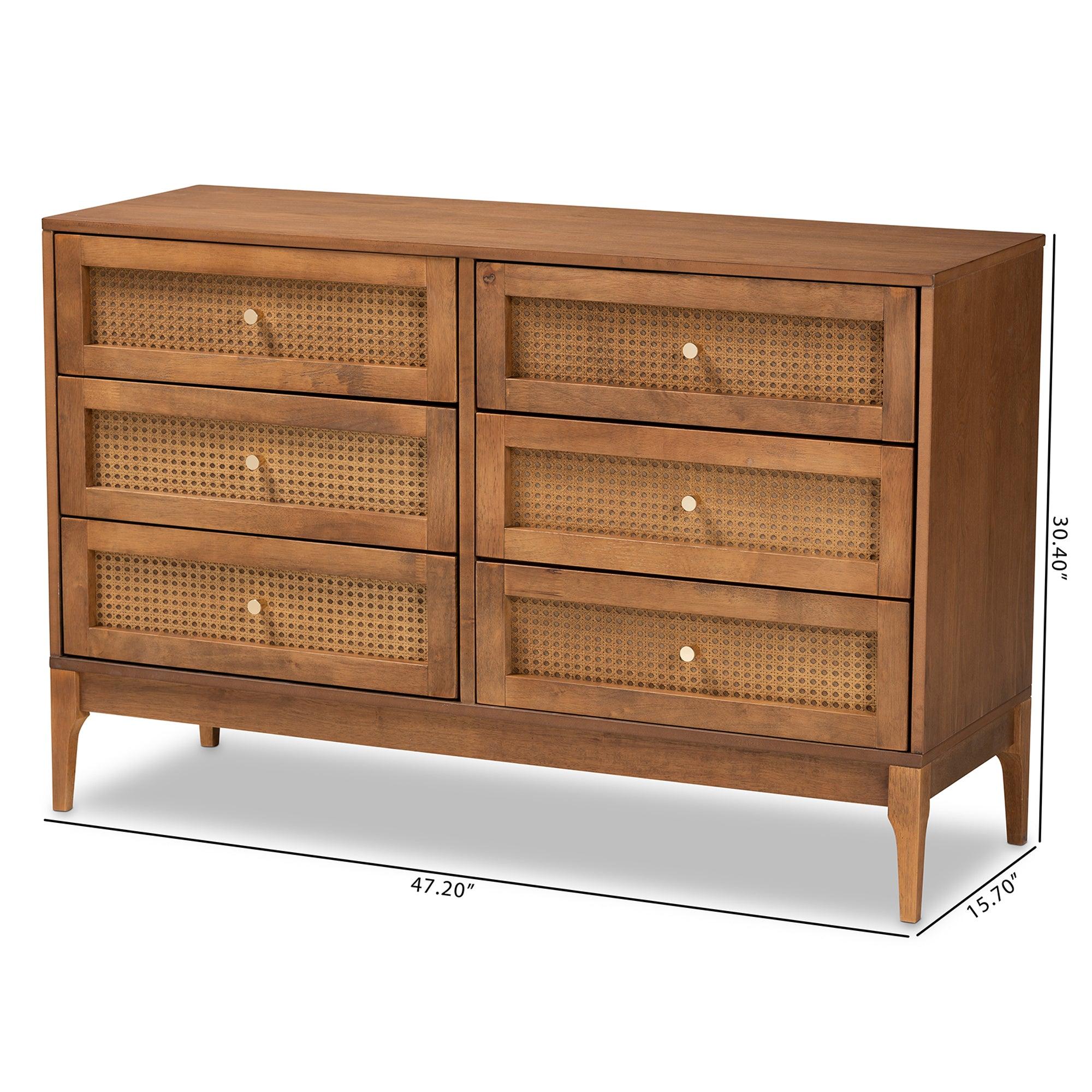 Ramiel Mid-Century Modern Ash Finished Wood and Rattan 6-Drawer Dresser