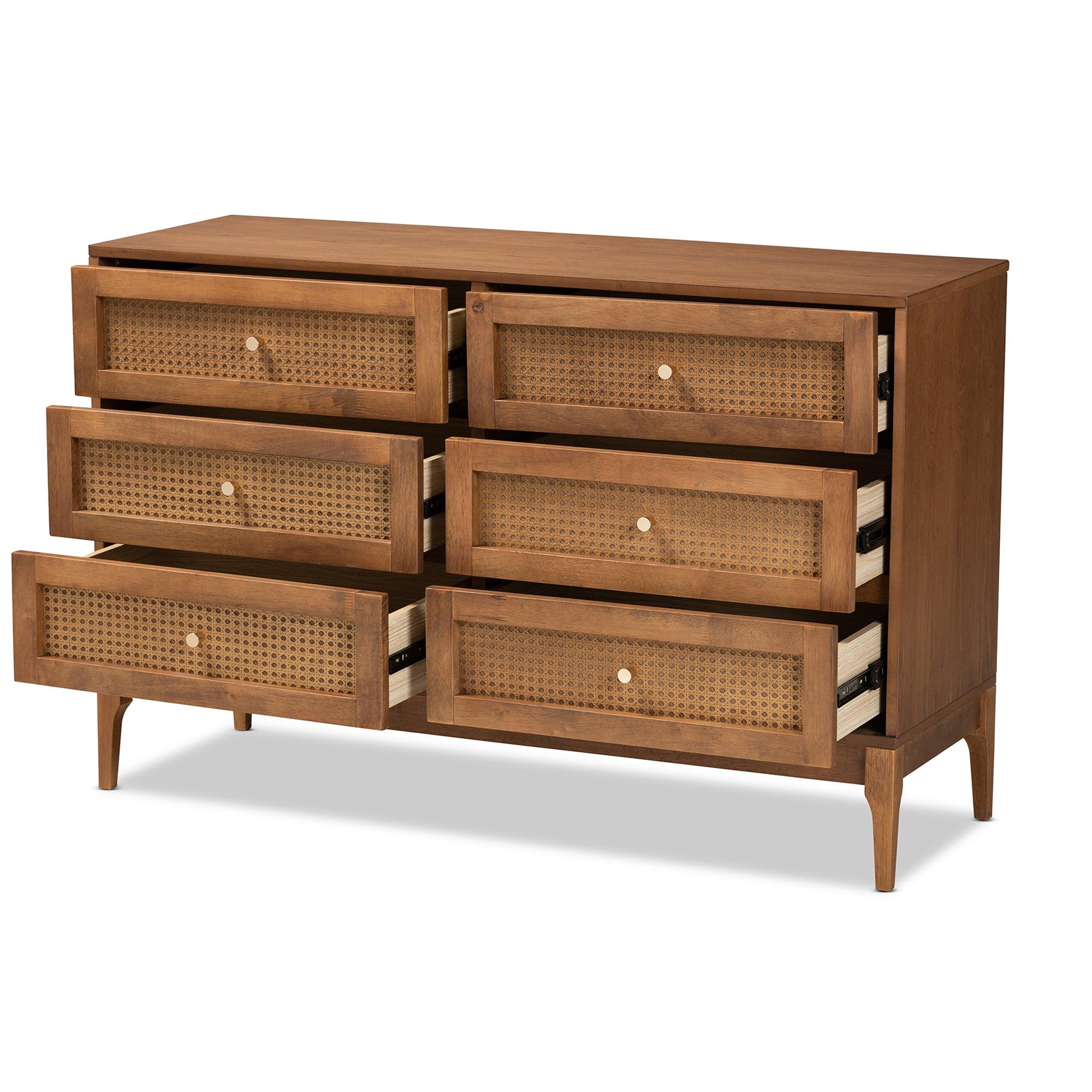 Ramiel Mid-Century Modern Ash Finished Wood and Rattan 6-Drawer Dresser