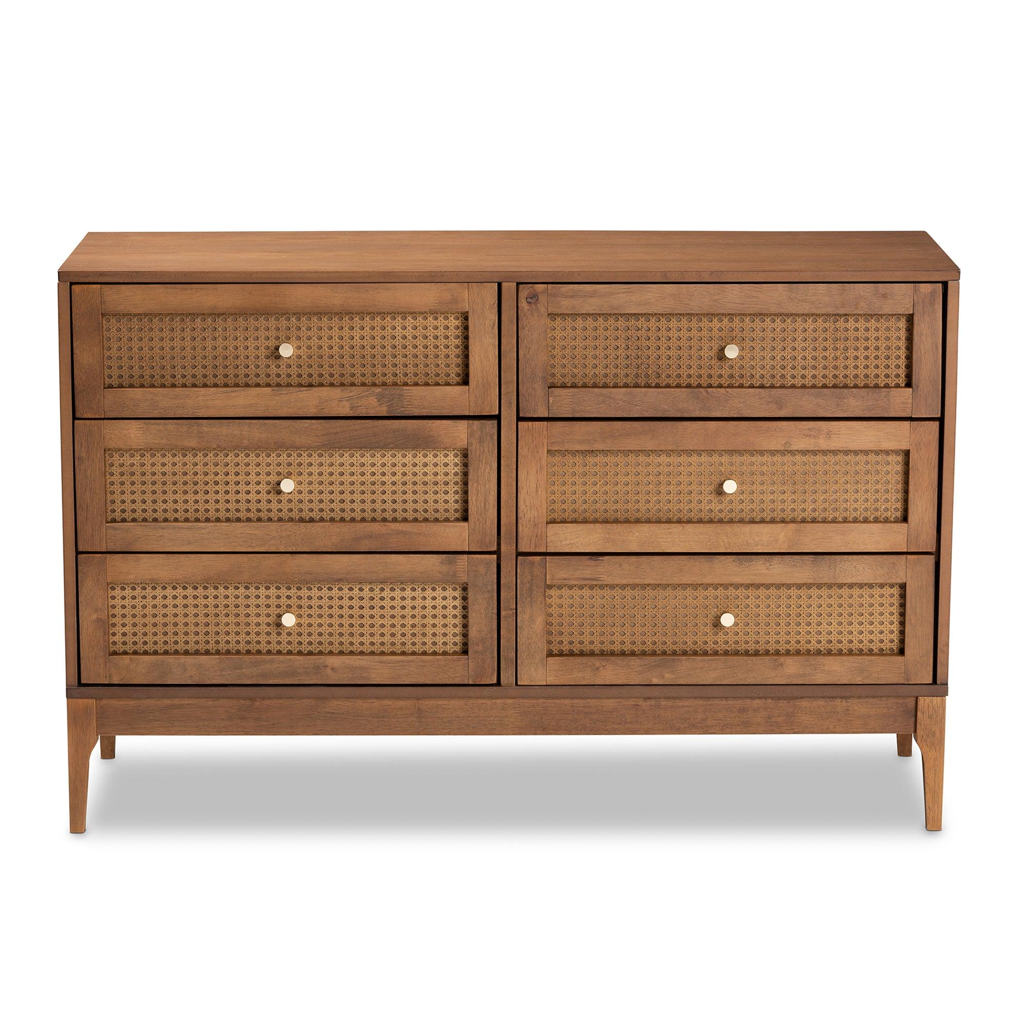 Ramiel Mid-Century Modern Ash Finished Wood and Rattan 6-Drawer Dresser