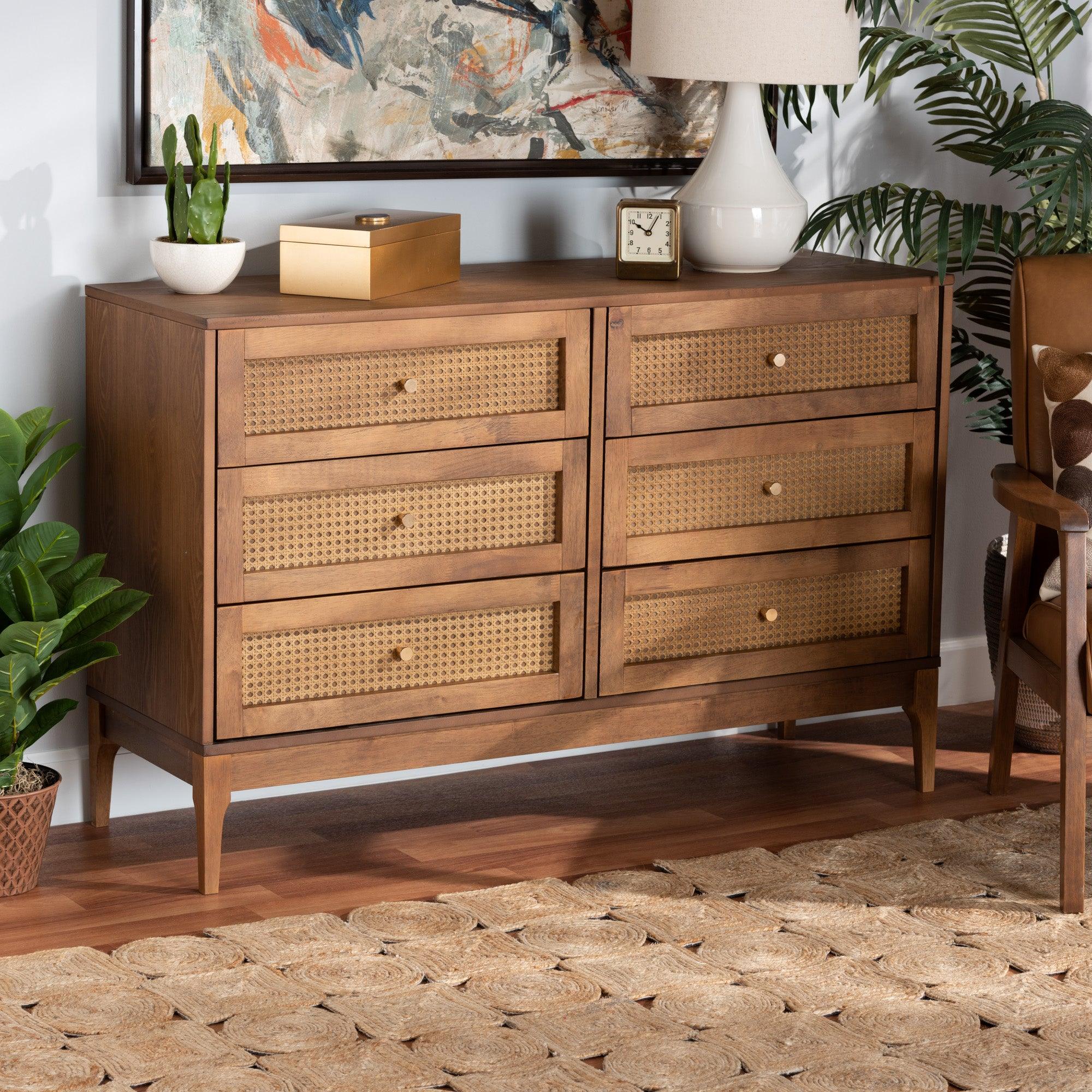 Ramiel Mid-Century Modern Ash Finished Wood and Rattan 6-Drawer Dresser