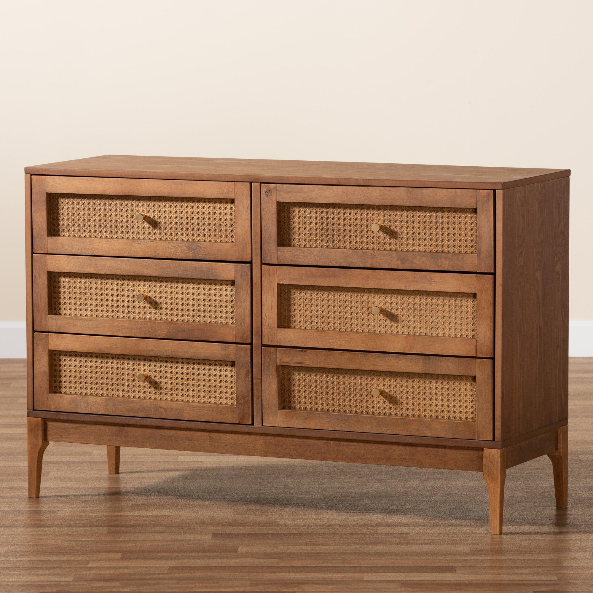 Ramiel Mid-Century Modern Ash Finished Wood and Rattan 6-Drawer Dresser