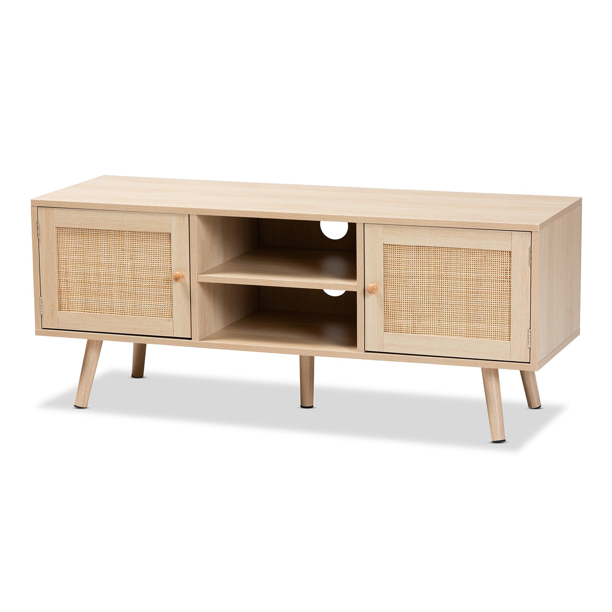 Sebille Mid-Century Modern Light Finished Wood 2-Door TV Stand with Rattan