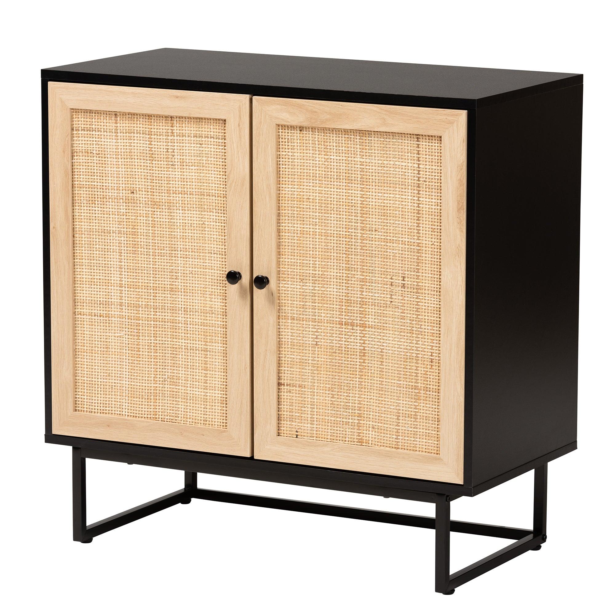 Declan Mid-Century Modern Espresso Finished Wood and Rattan 2-Door Storage Cabinet