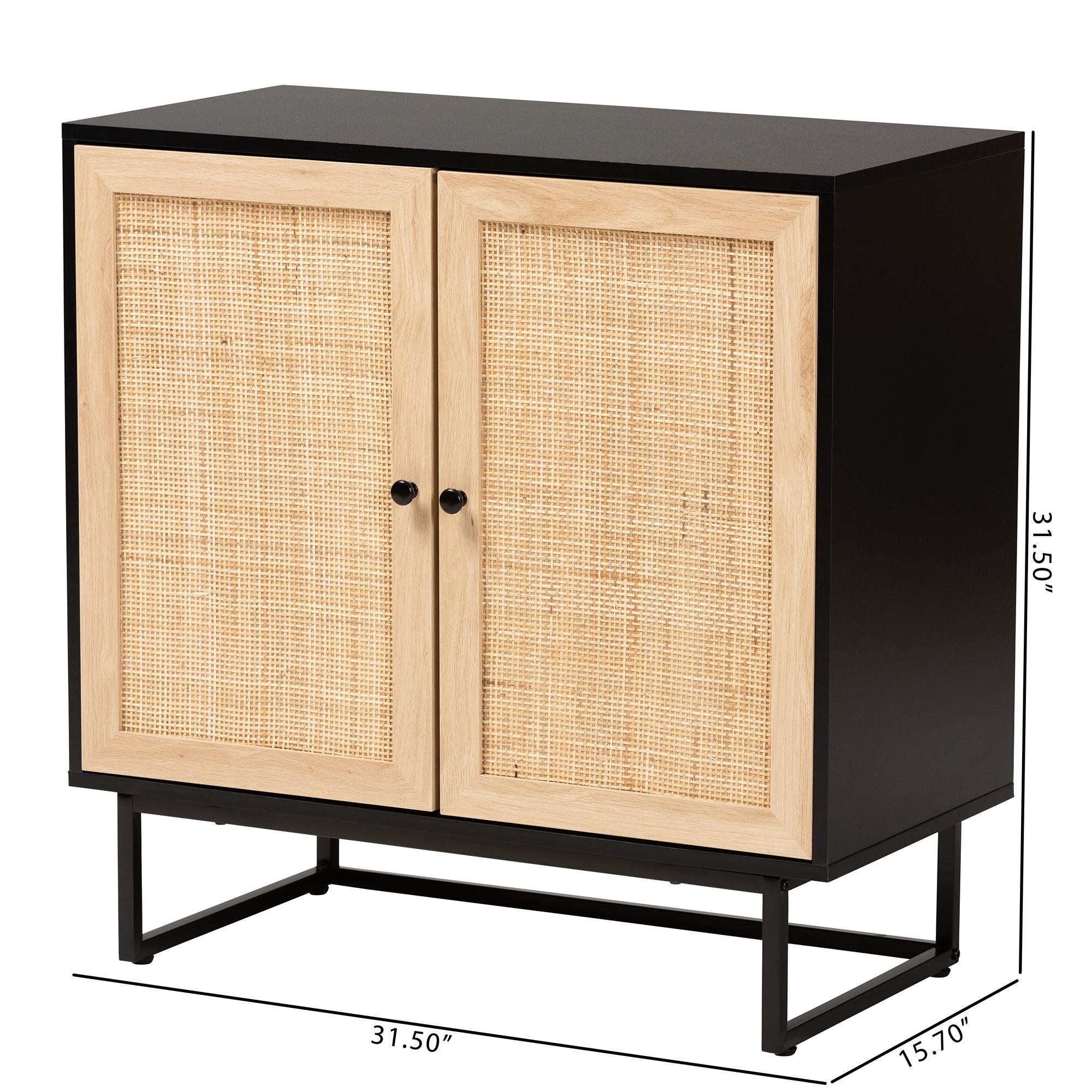 Declan Mid-Century Modern Espresso Finished Wood and Rattan 2-Door Storage Cabinet