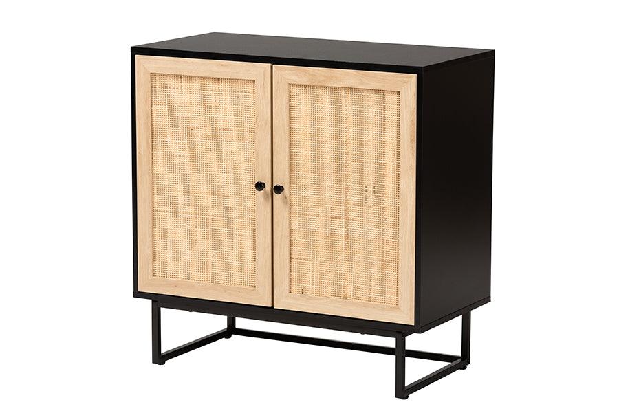 Declan Mid-Century Modern Espresso Finished Wood and Rattan 2-Door Storage Cabinet