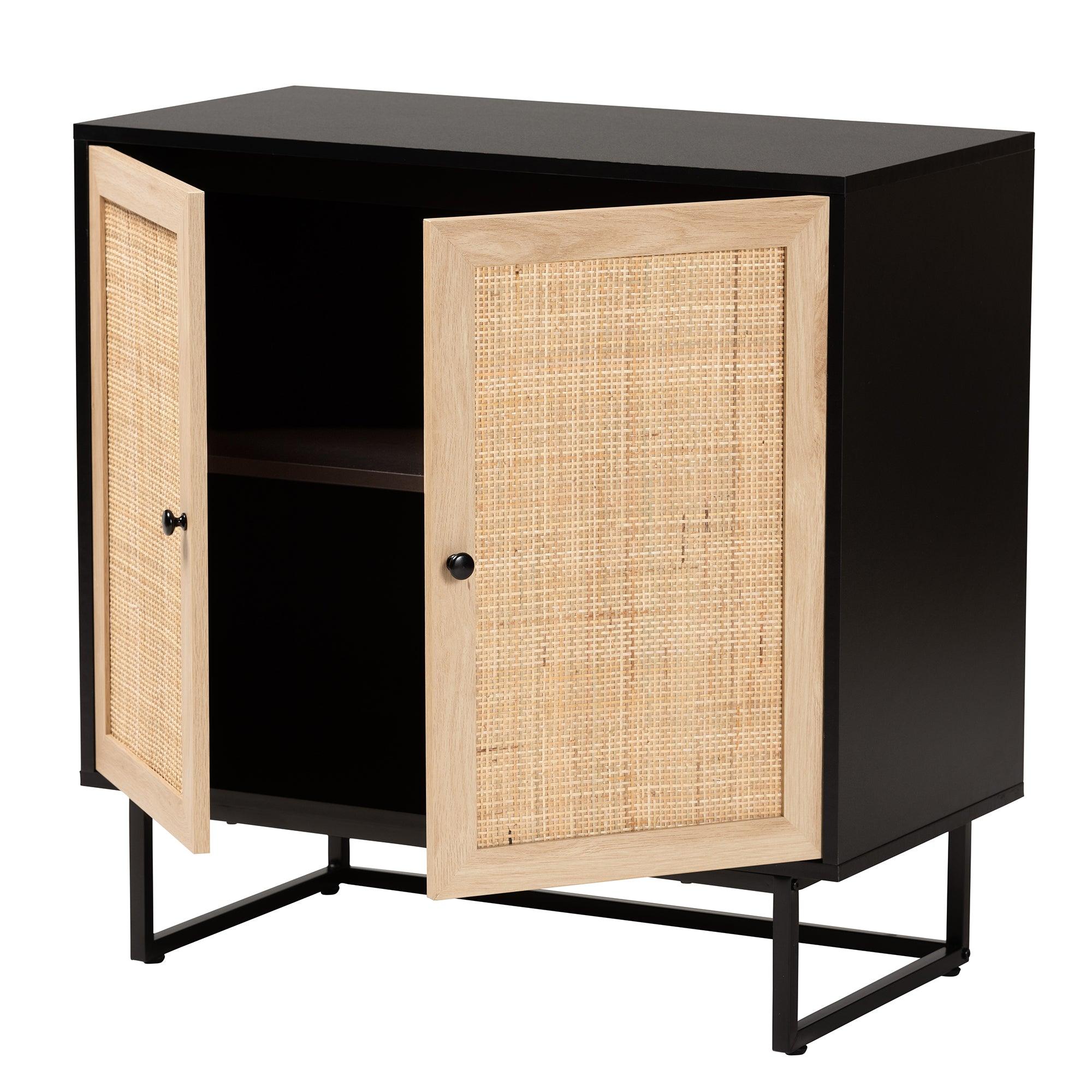 Declan Mid-Century Modern Espresso Finished Wood and Rattan 2-Door Storage Cabinet