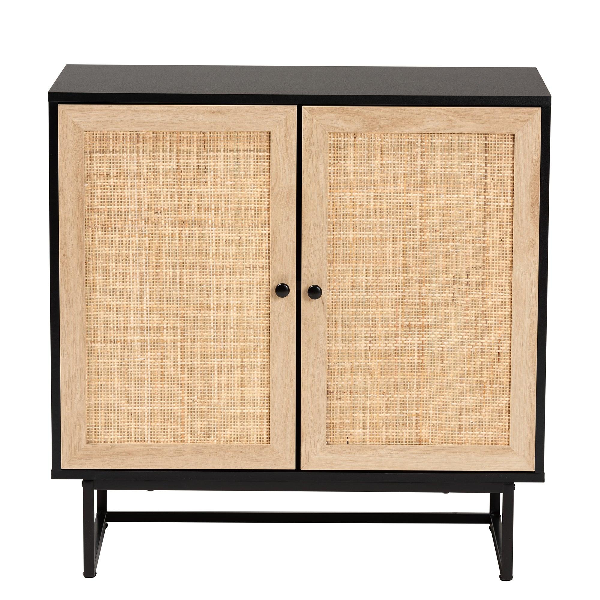 Declan Mid-Century Modern Espresso Finished Wood and Rattan 2-Door Storage Cabinet